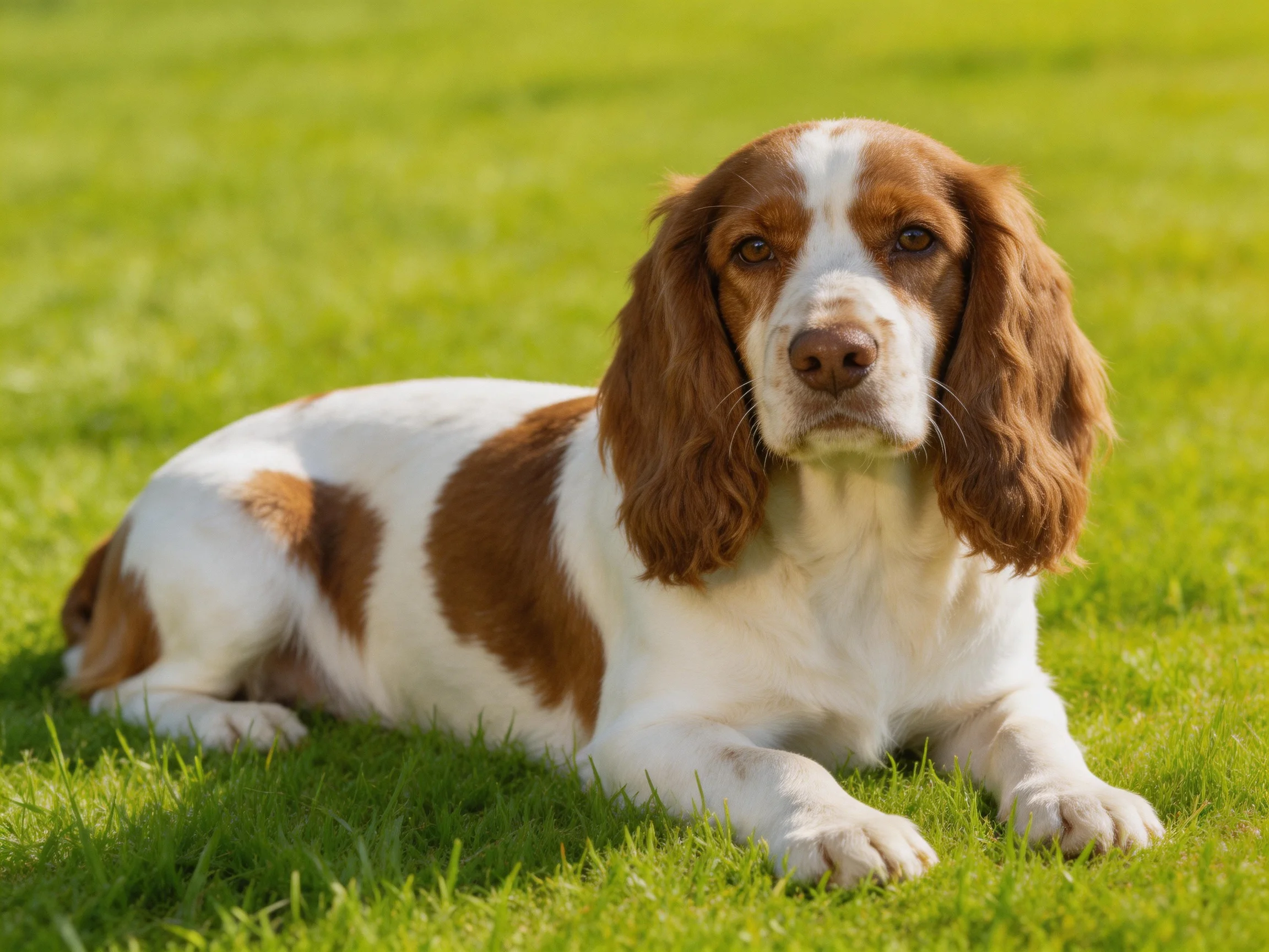 A brown and white spaniel lies calmly on lush green grass.