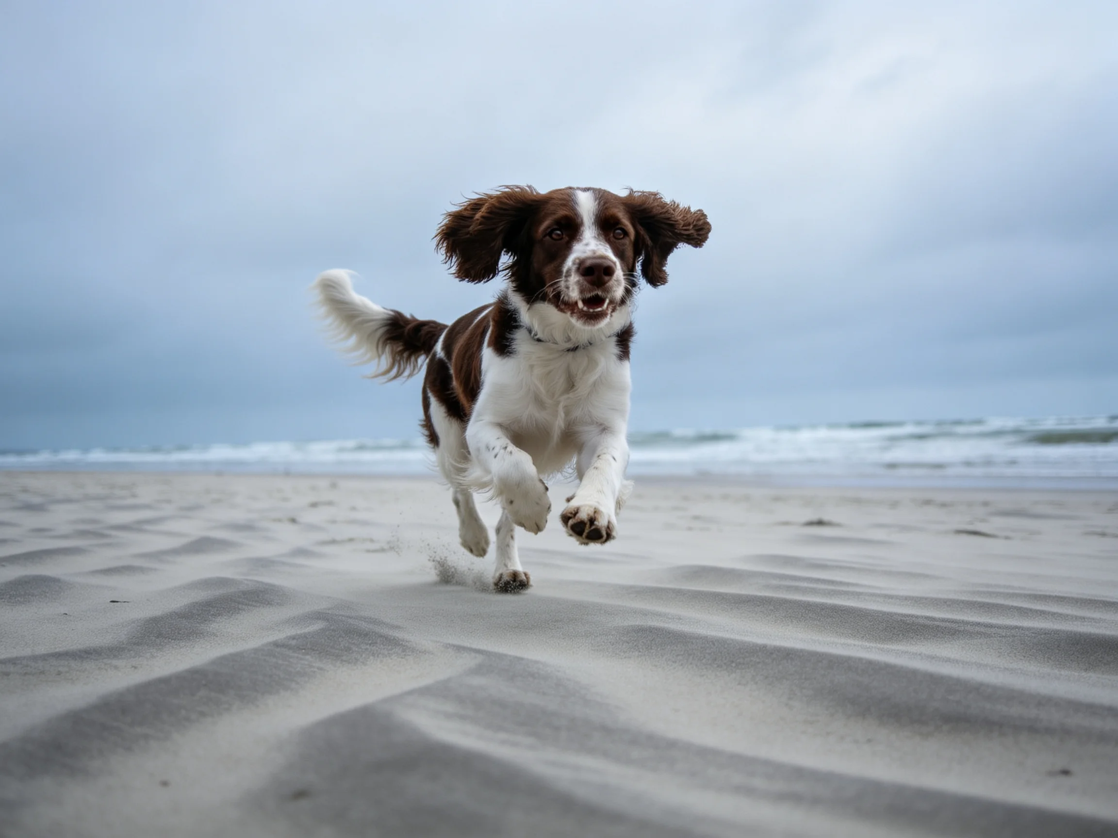 A brown and white spaniel runs energetically along a sandy beach near the ocean