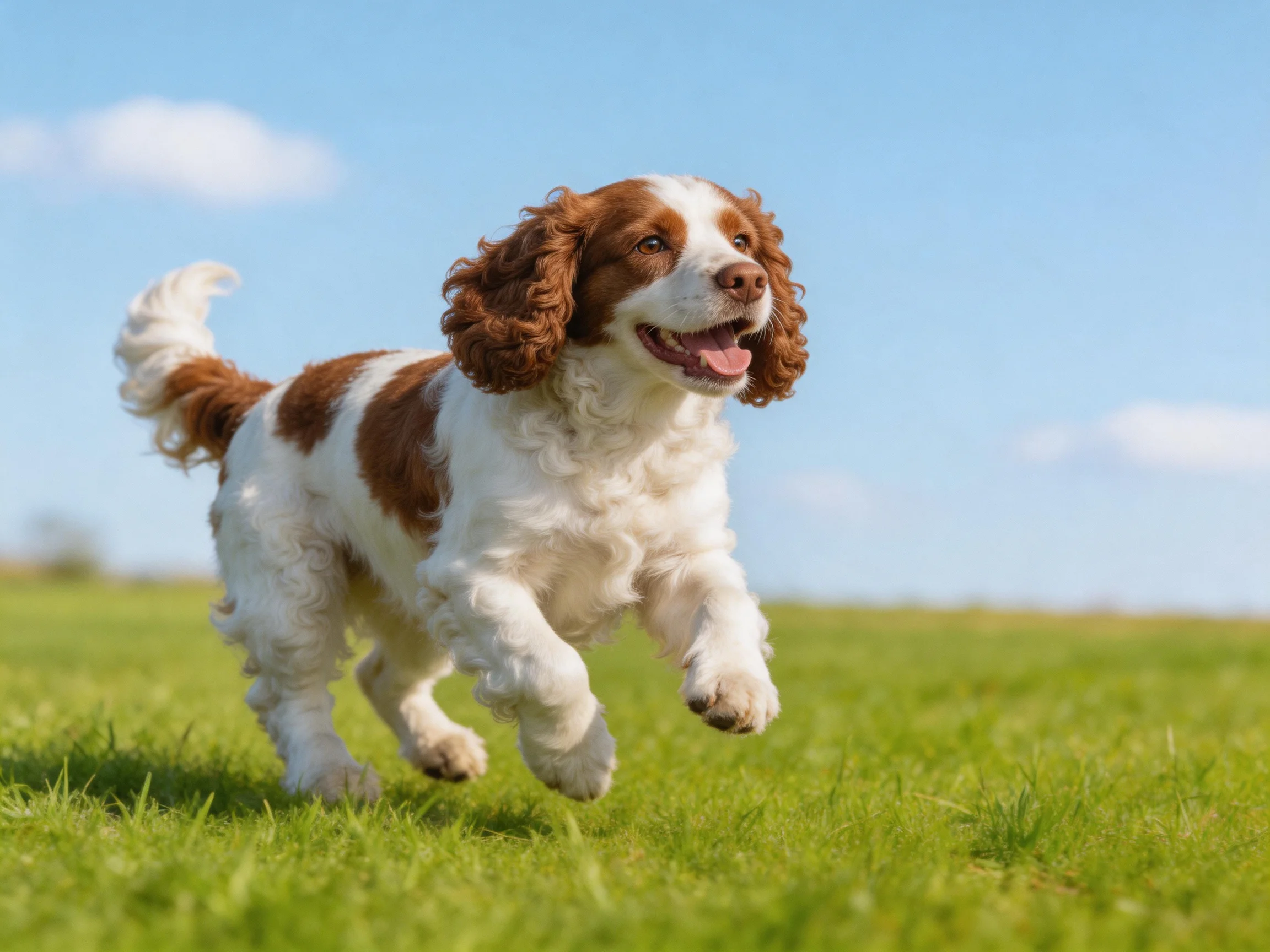 A brown and white spaniel runs happily across a bright green meadow.