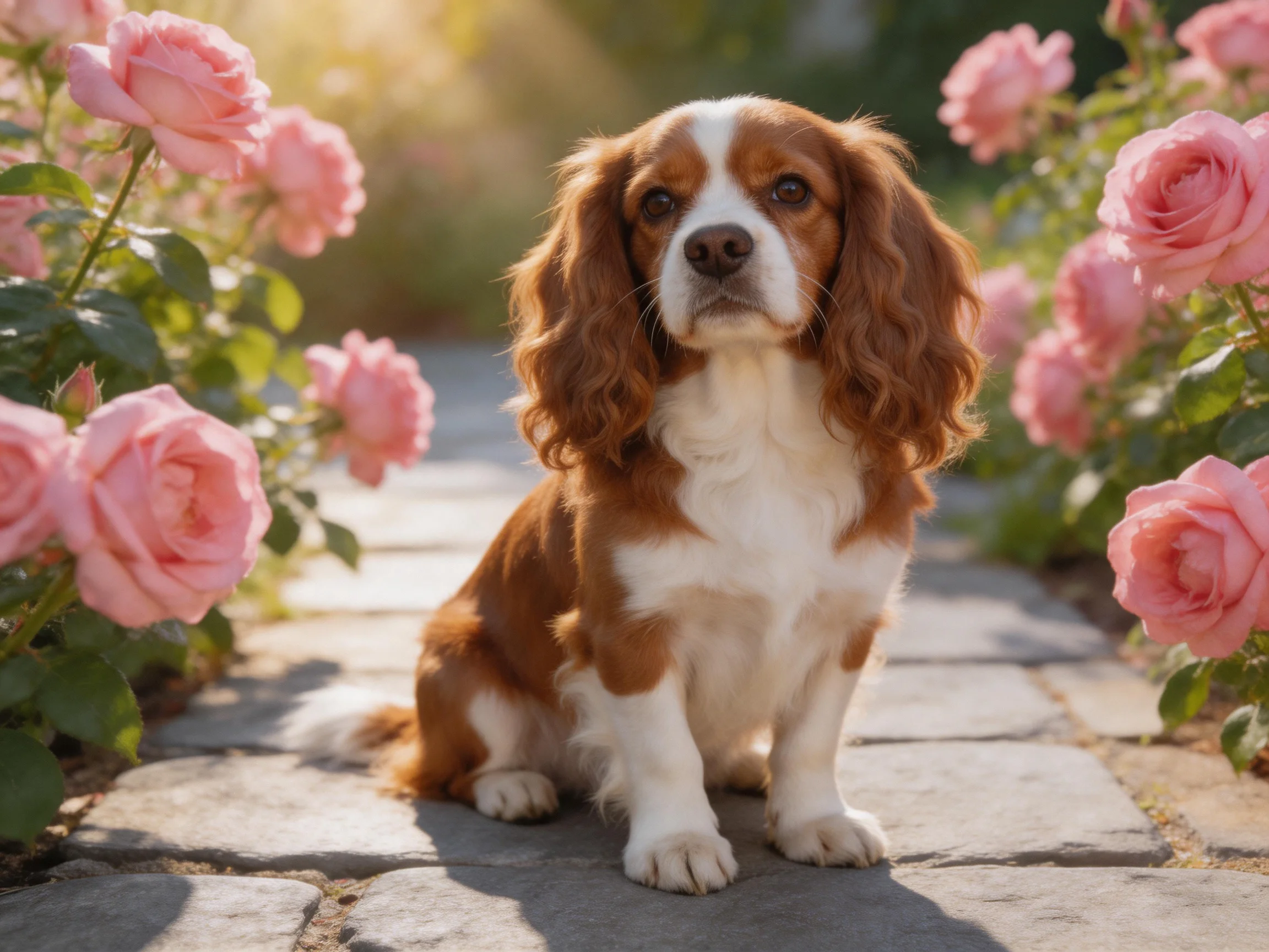 A brown-and-white spaniel sits calmly among pink rose bushes in a sunlit garden.