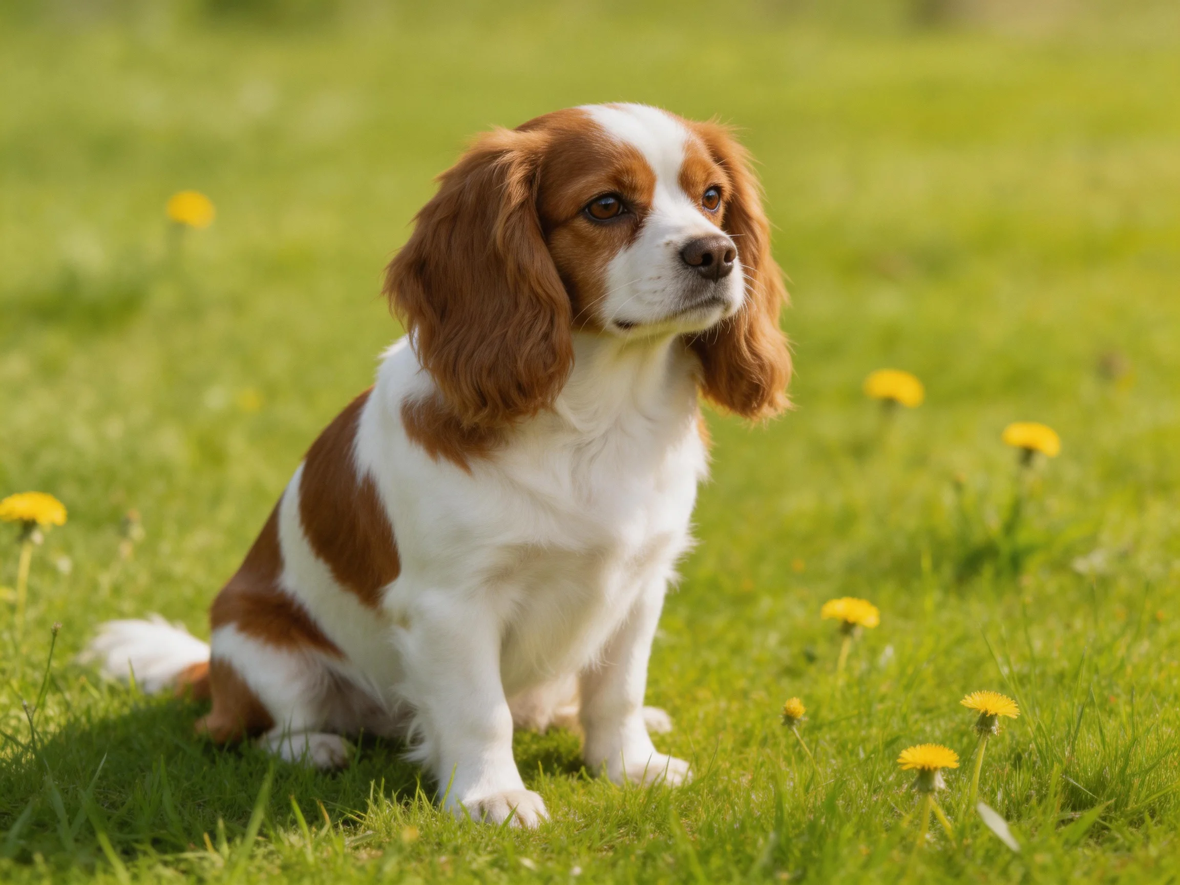 A brown and white spaniel sits calmly in yellow flowers in a grassy field.