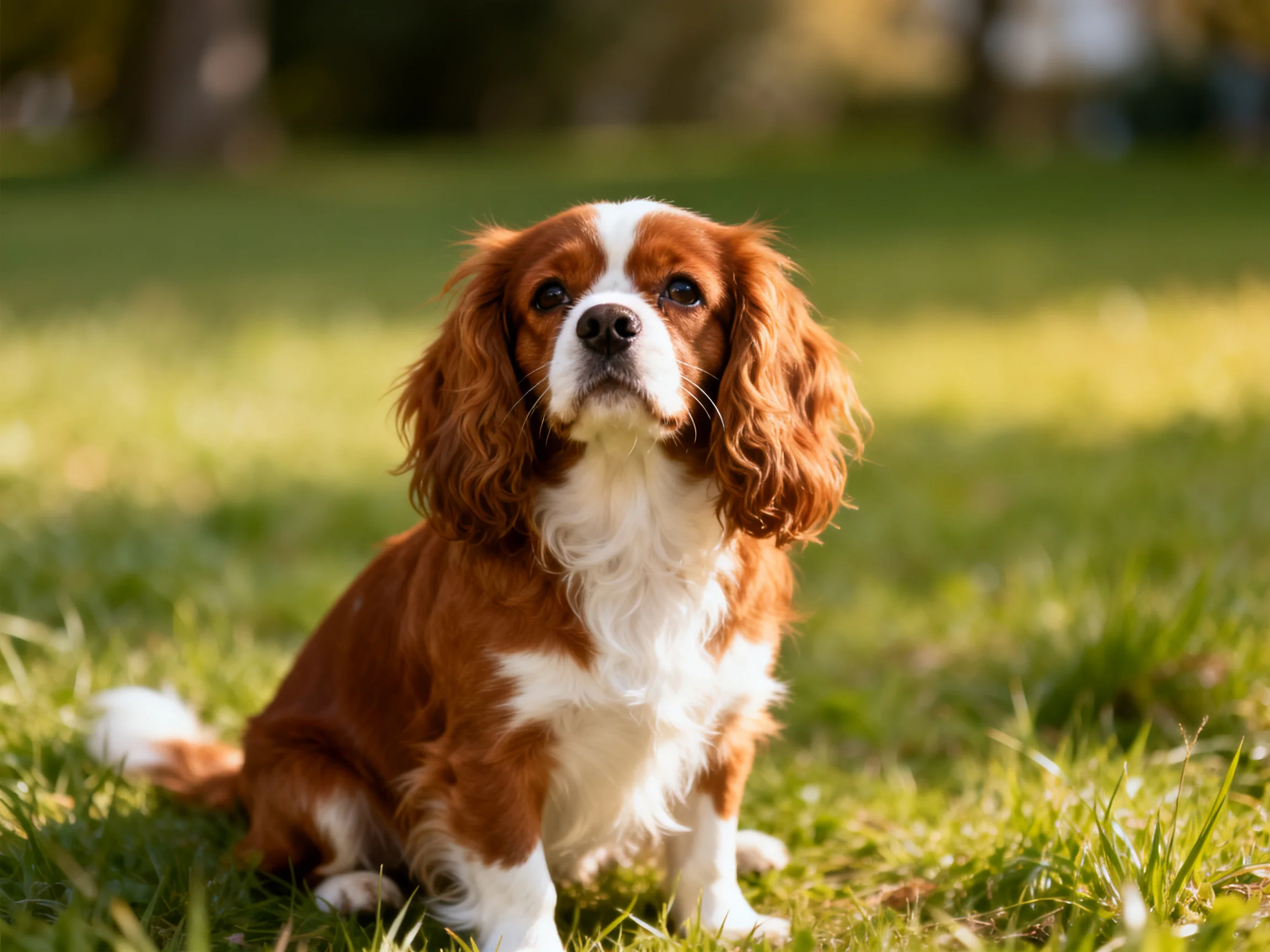 A brown and white spaniel sits calmly on sunlit green grass