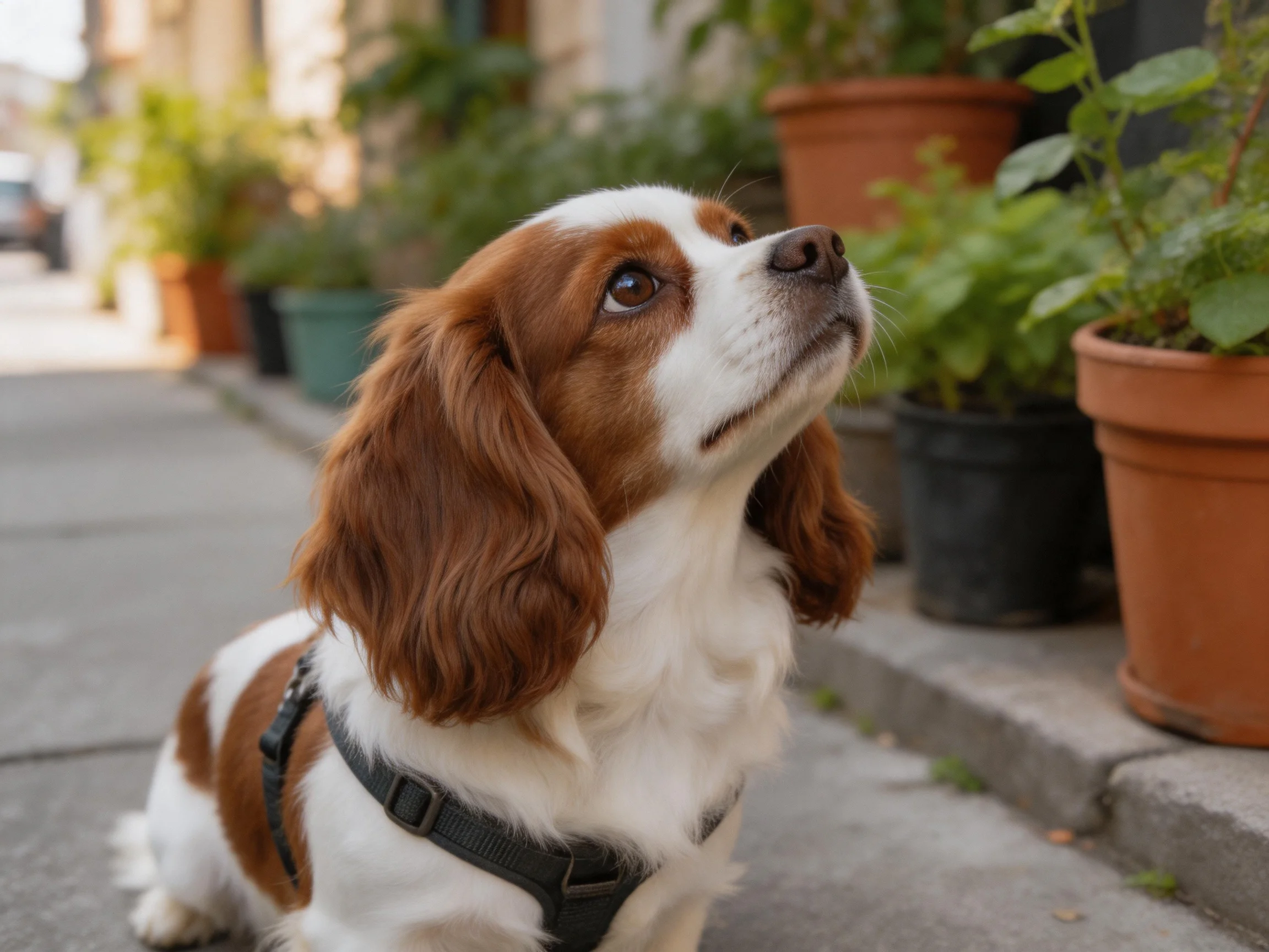A brown and white spaniel sits near terracotta planters on a sidewalk