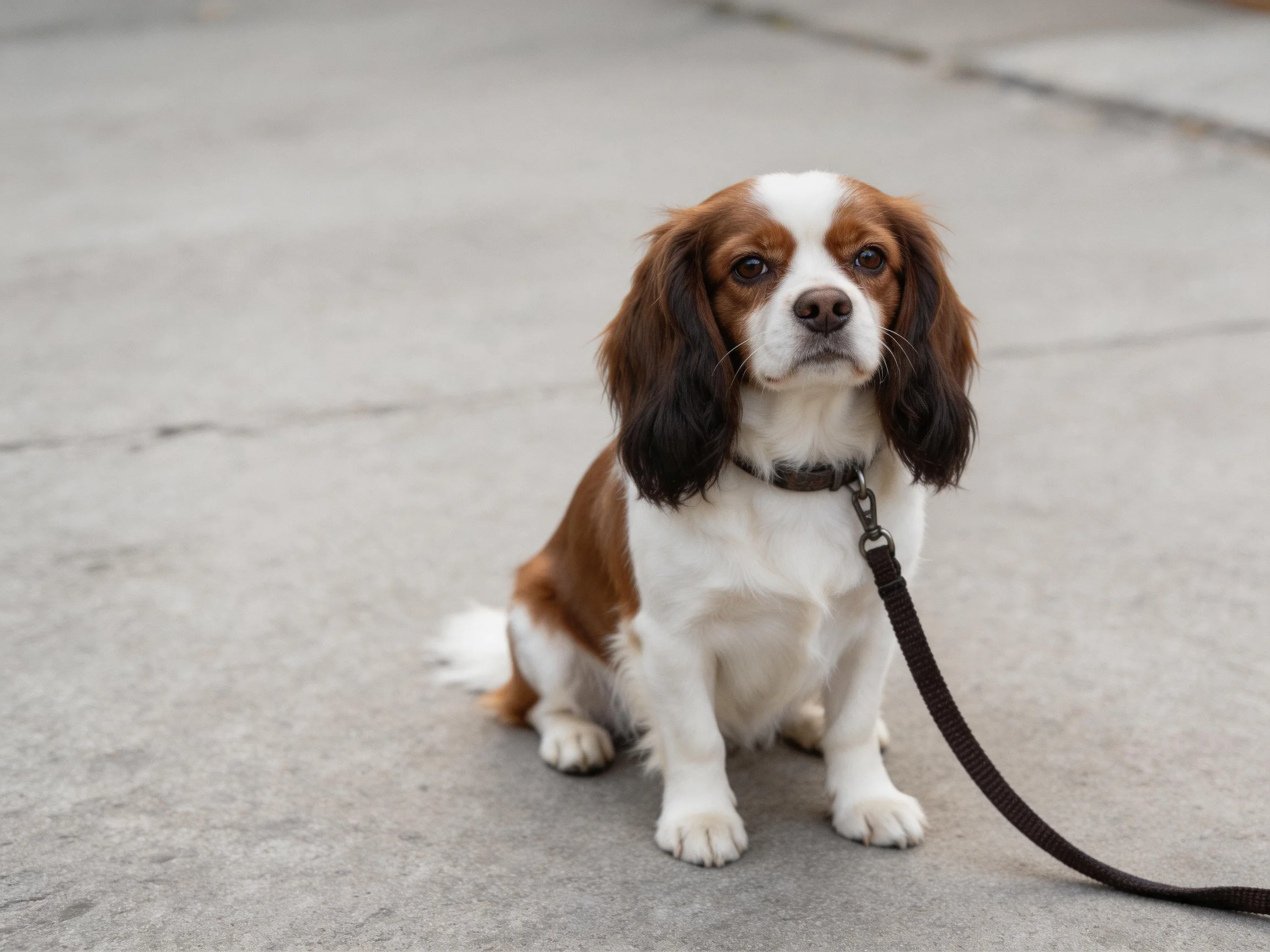 A brown and white spaniel sits on a concrete sidewalk