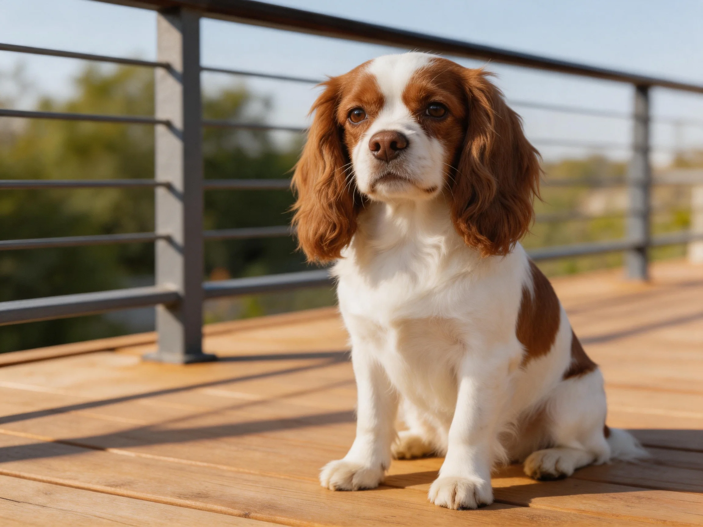 A brown and white spaniel sits on a wooden deck with metal railings