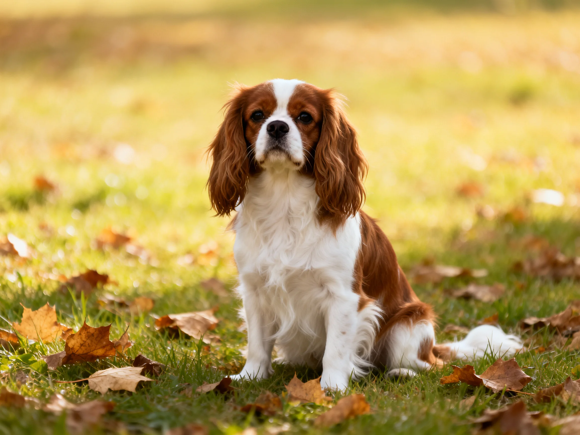 A brown and white spaniel sits on grass amid autumn leaves