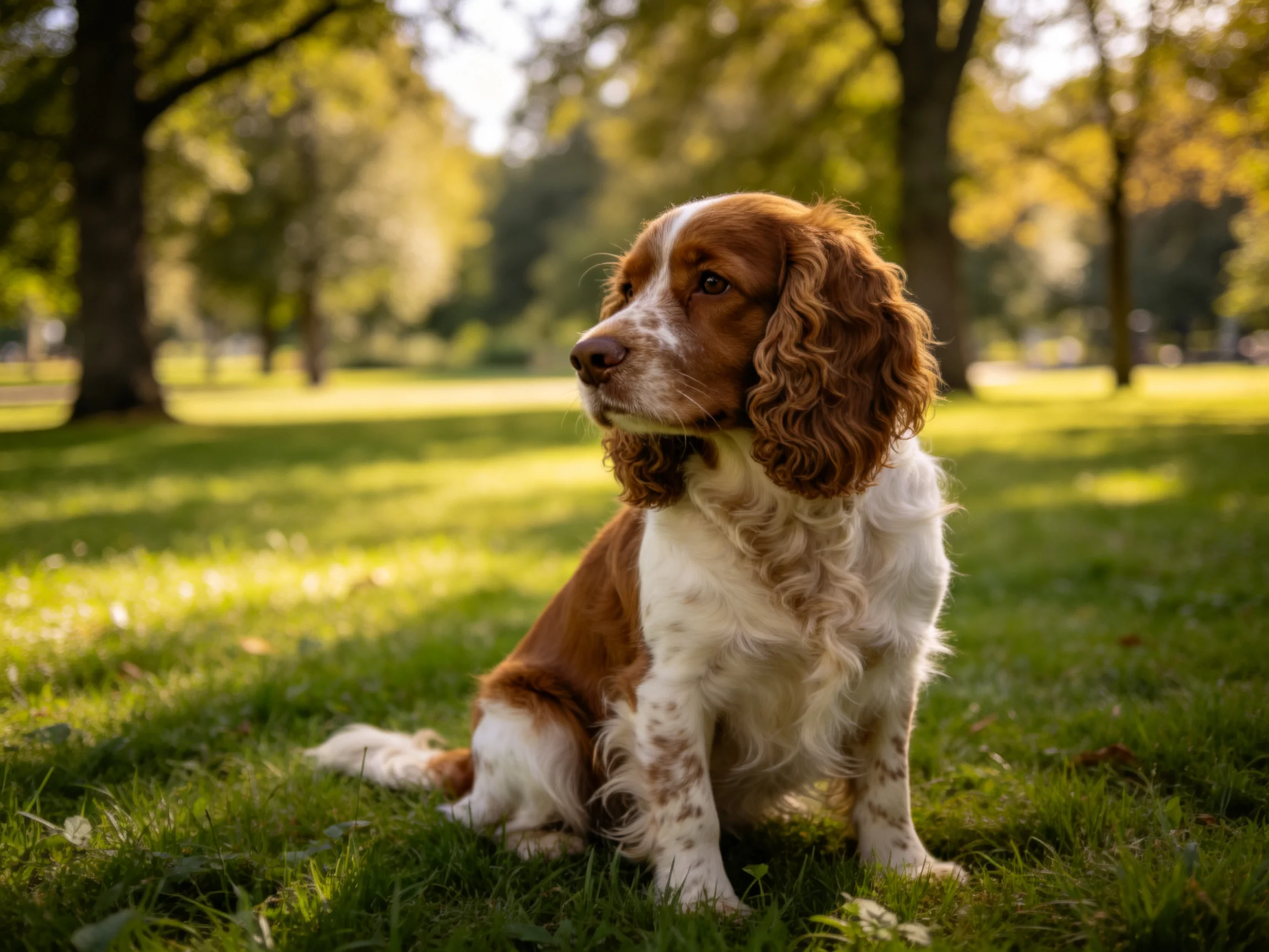 A brown and white spaniel sits on sunlit green grass in a park