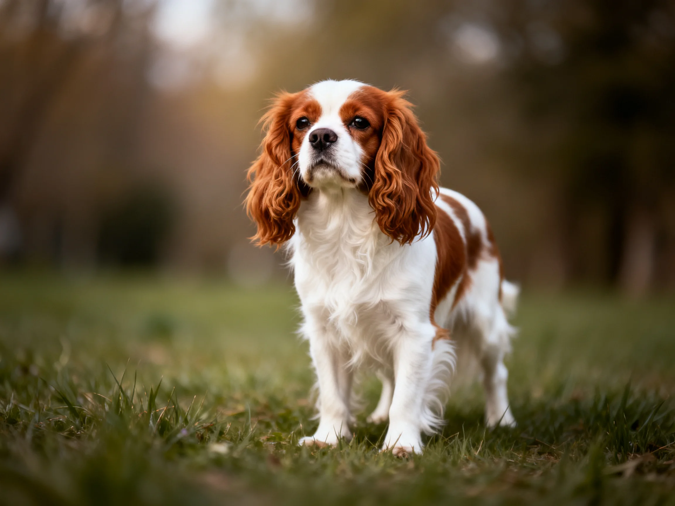A brown-and-white spaniel stands on a grassy field with blurred trees