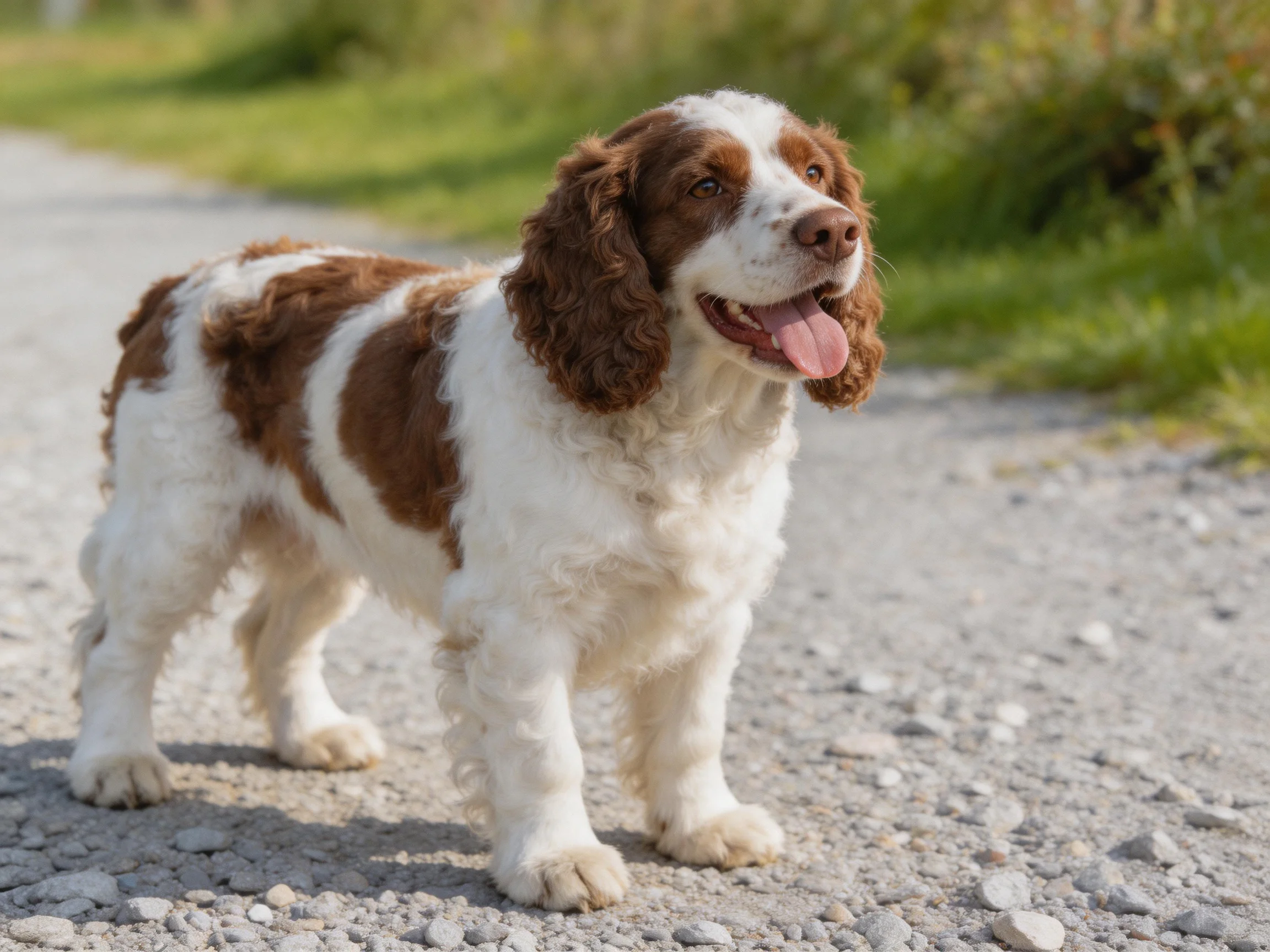 A brown and white spaniel stands on a gravel path in.