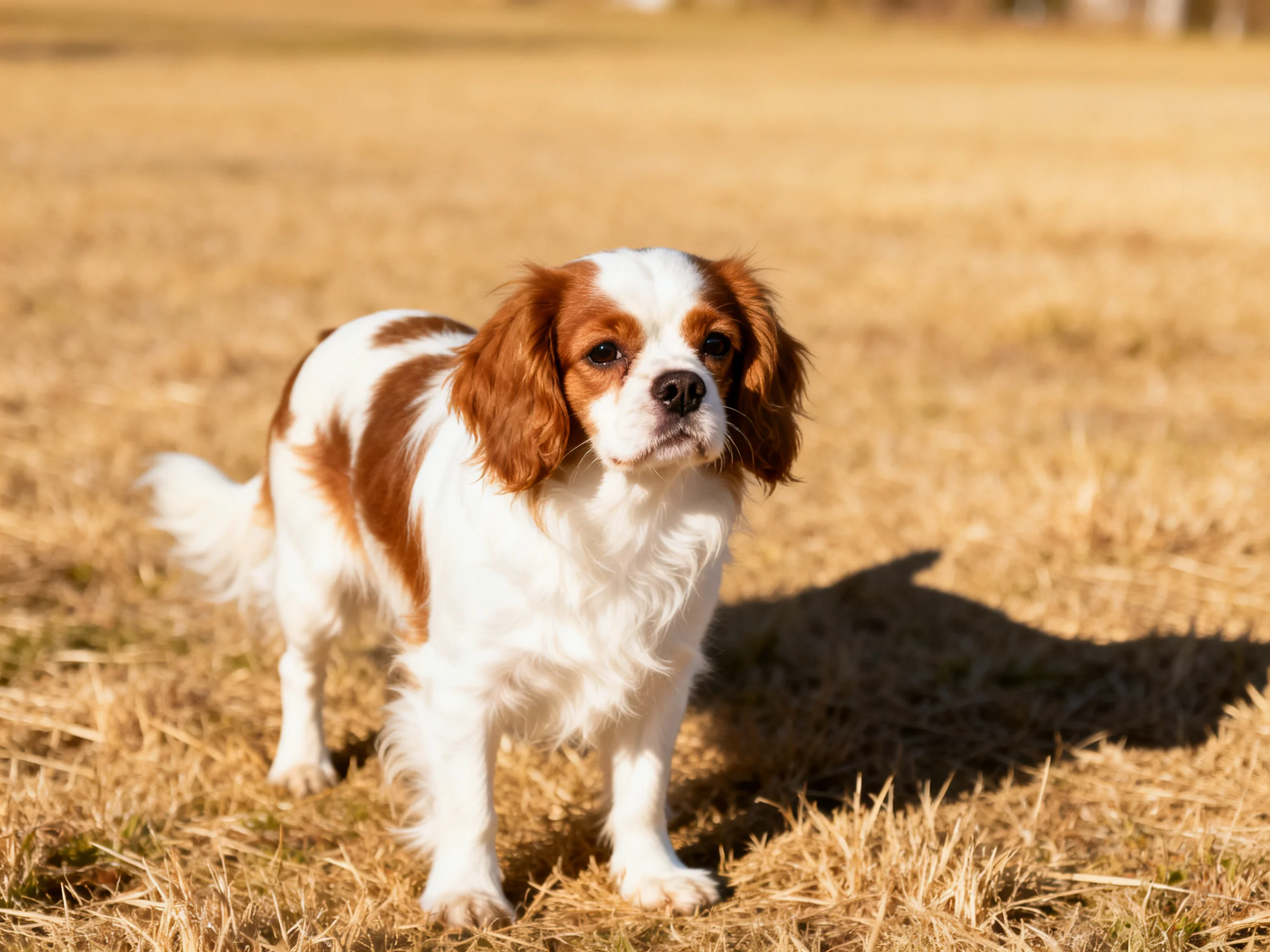 A brown and white spaniel stands on dry grass in bright sunlight