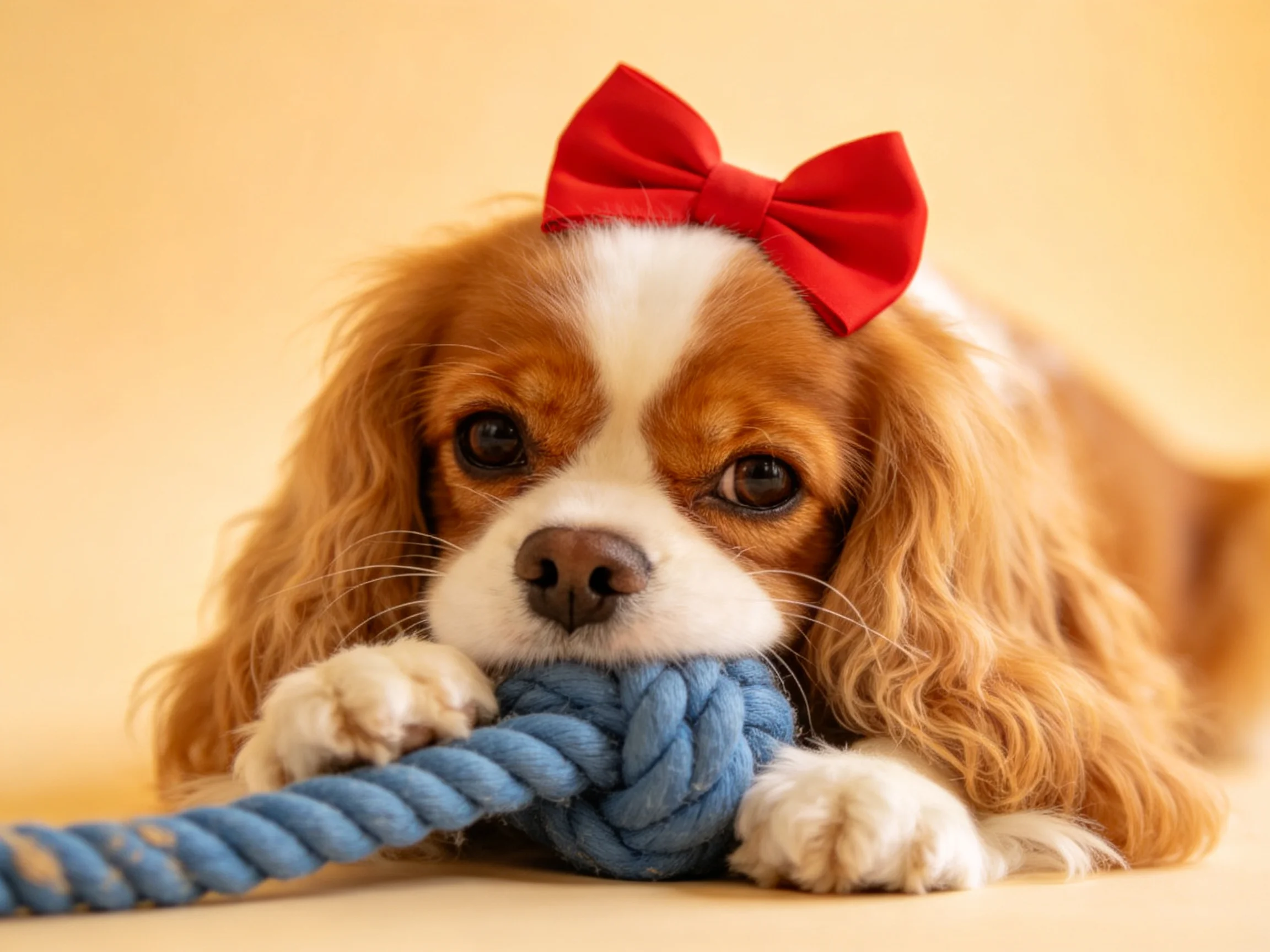 A brown and white spaniel with a bright red bow chews a blue rope toy