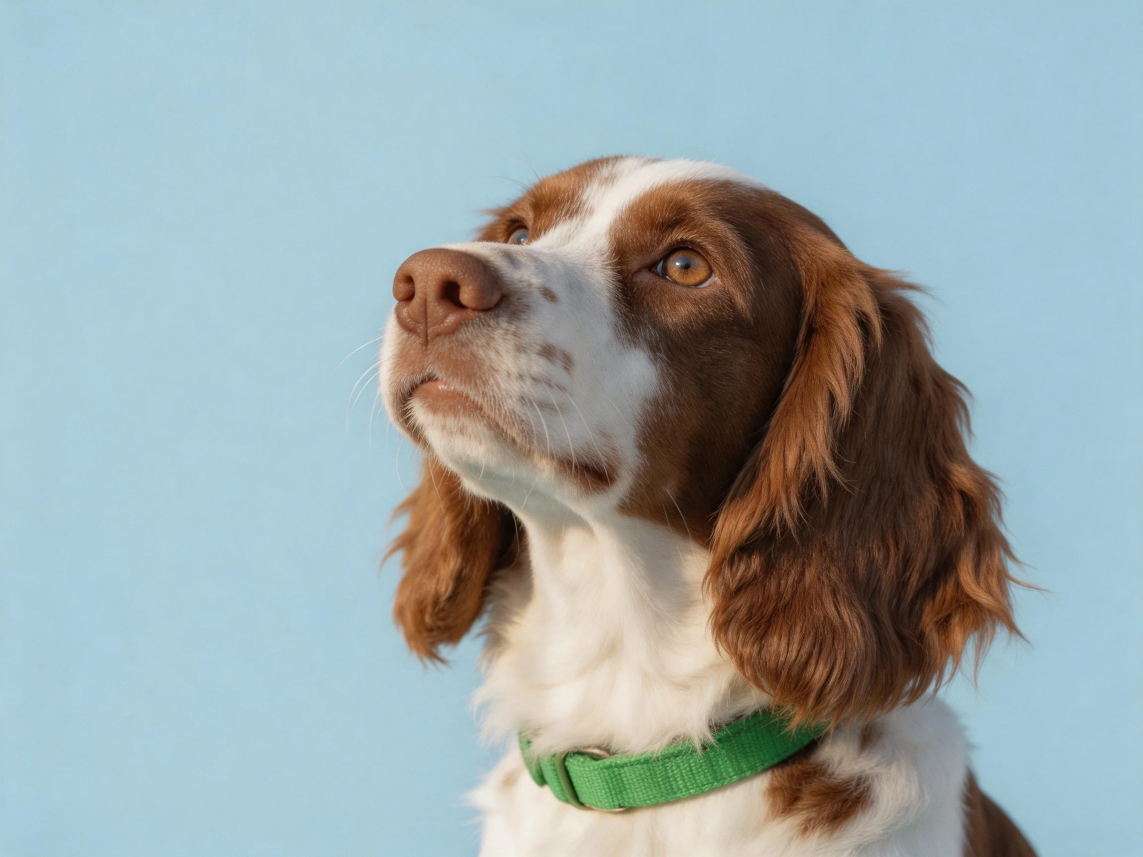 A brown and white spaniel with a green collar against a blue backdrop