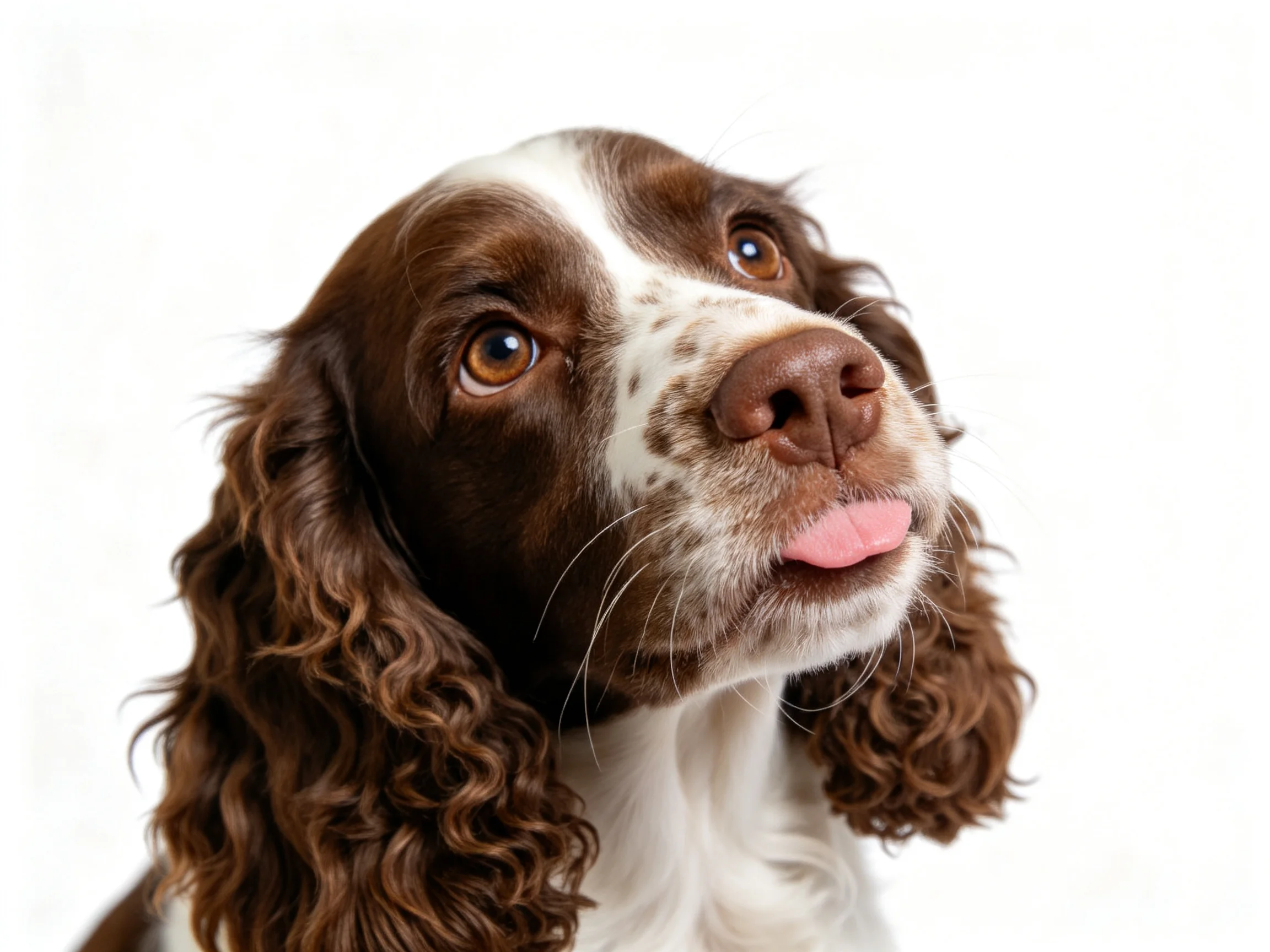 A brown and white spaniel with curly ears and pink tongue