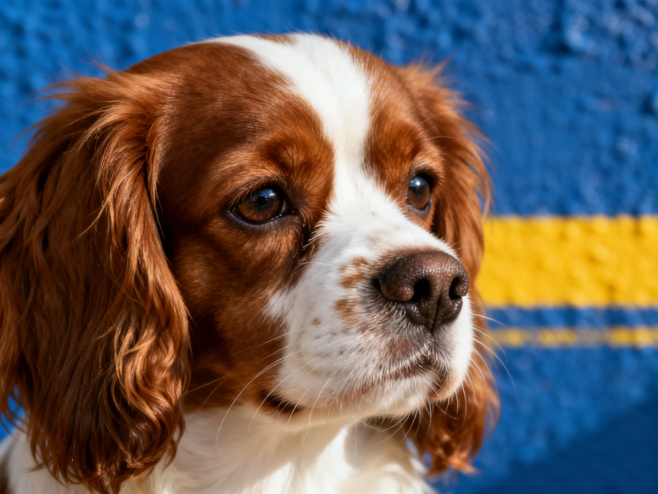 A brown and white spaniel with curly ears by a blue-yellow wall