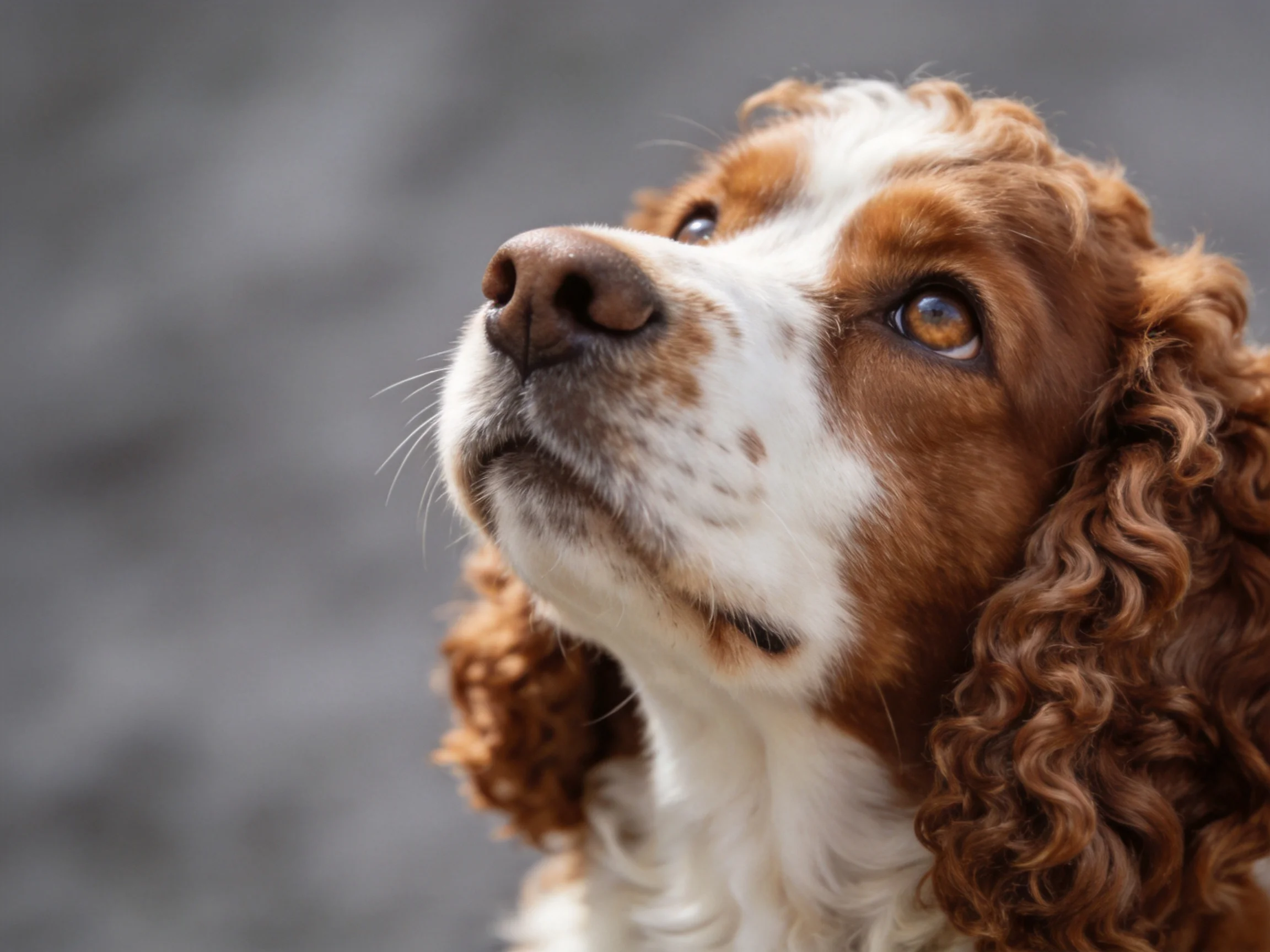 A brown and white spaniel gazes upward with a blurred gray background.