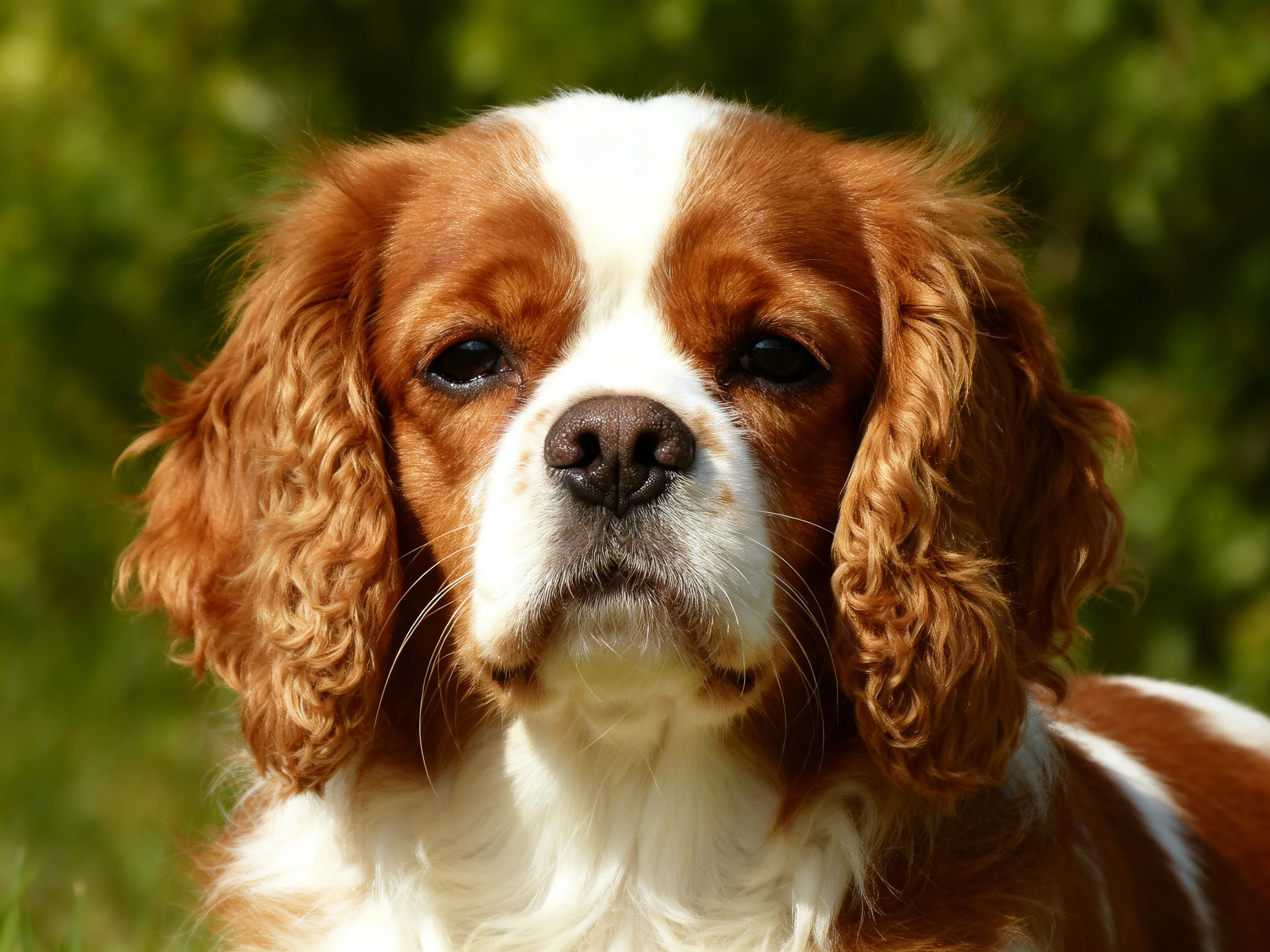 A brown and white spaniel with curly ears in a lush green outdoor setting