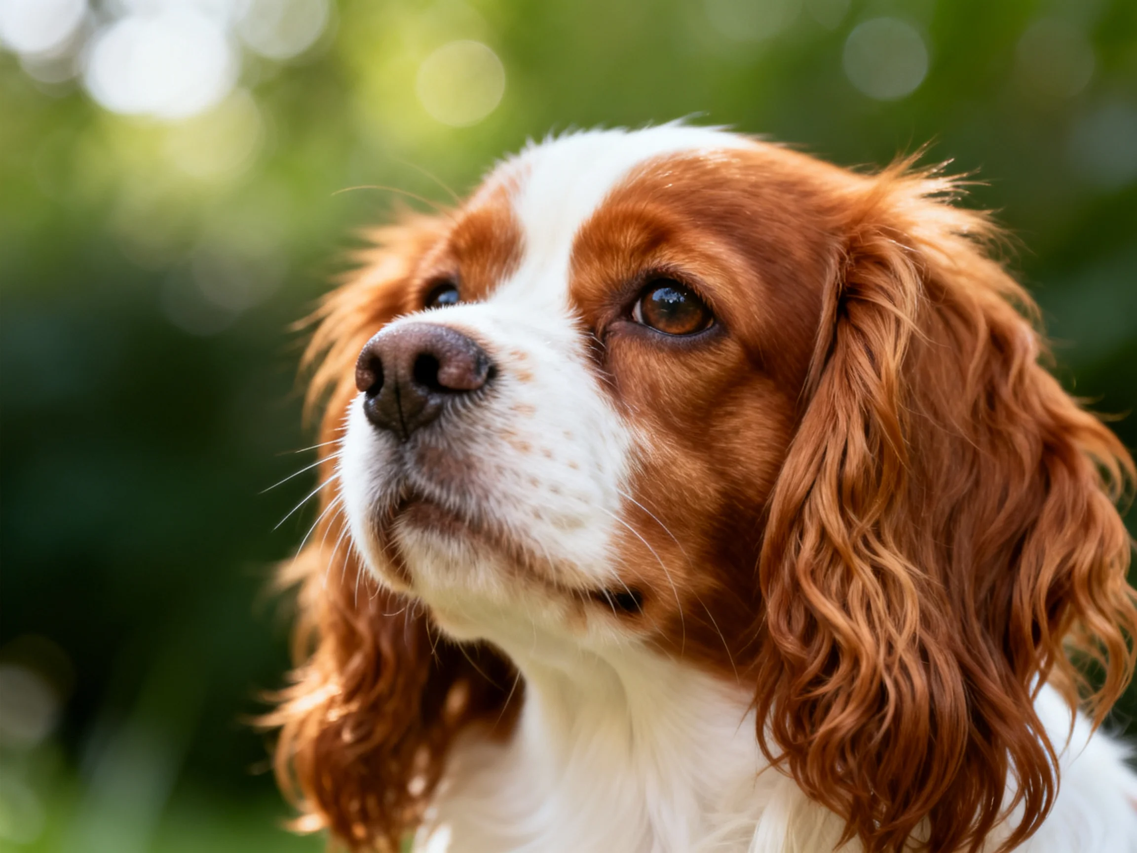 A brown and white spaniel with curly ears in a sunlit green backdrop