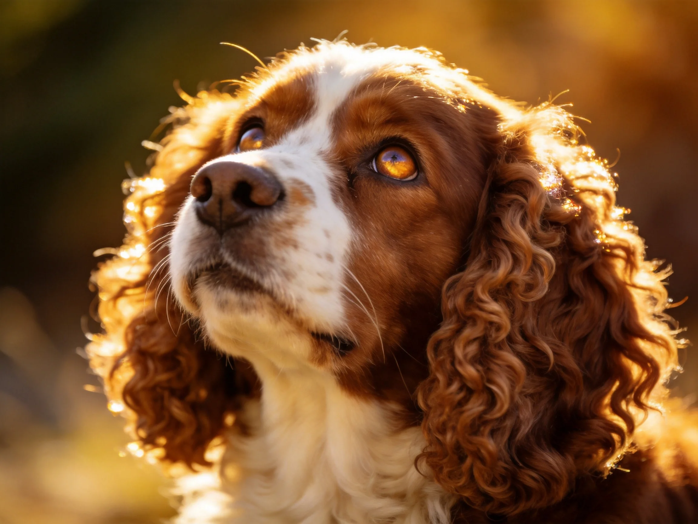 A brown and white spaniel with curly ears under golden sunlight