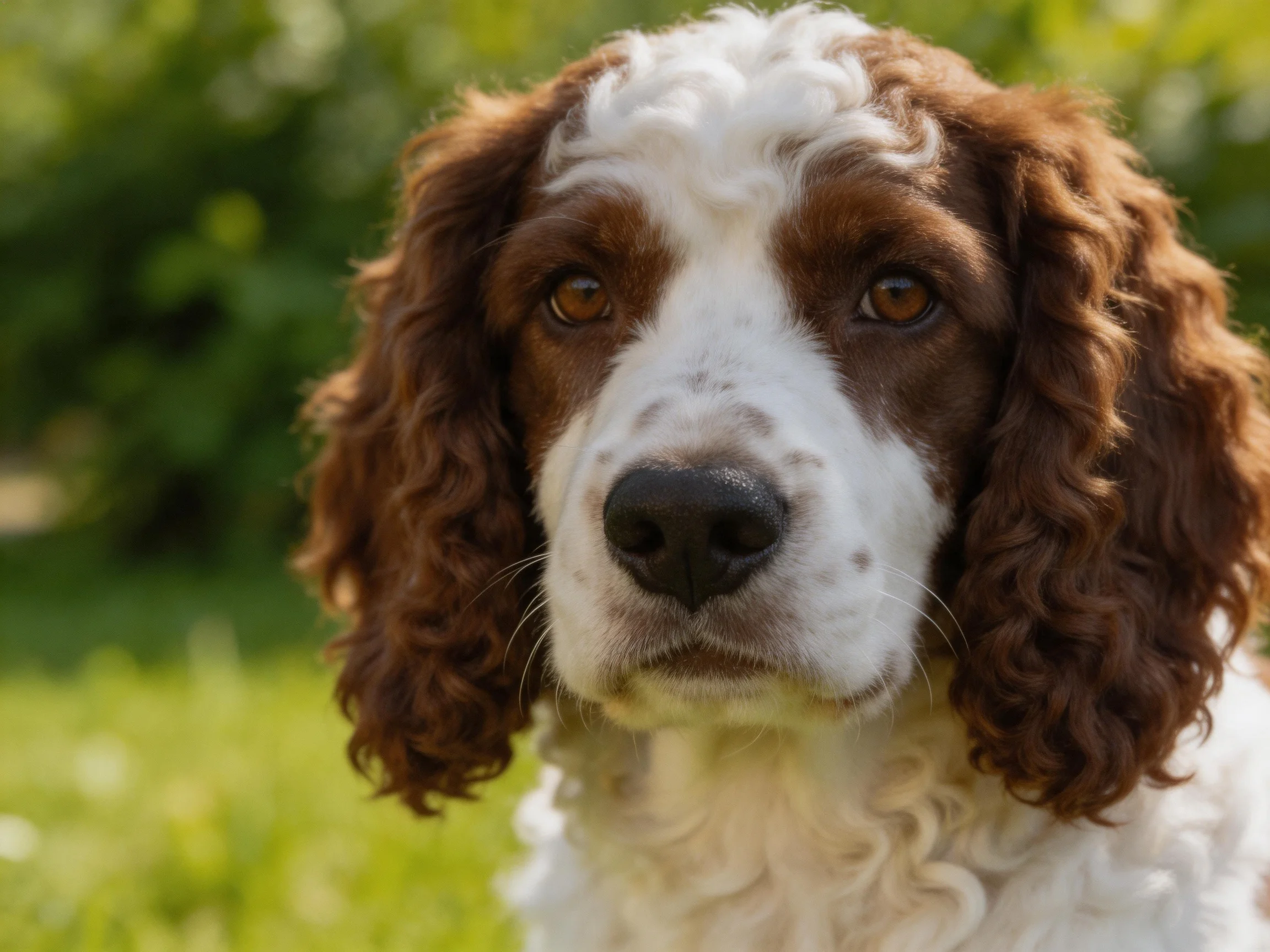 A brown and white spaniel stands calmly among greenery in bright daylight.