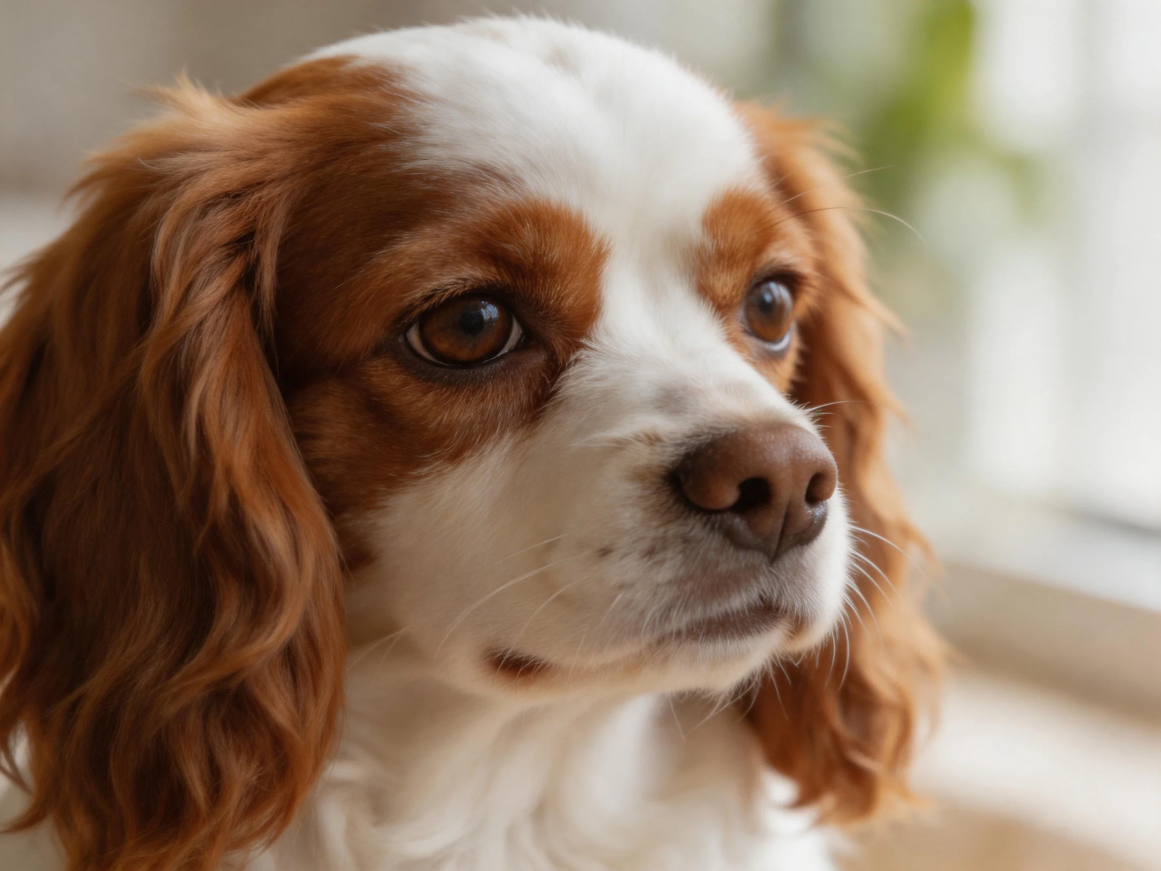 A brown and white spaniel with long, wavy ears gazes outside