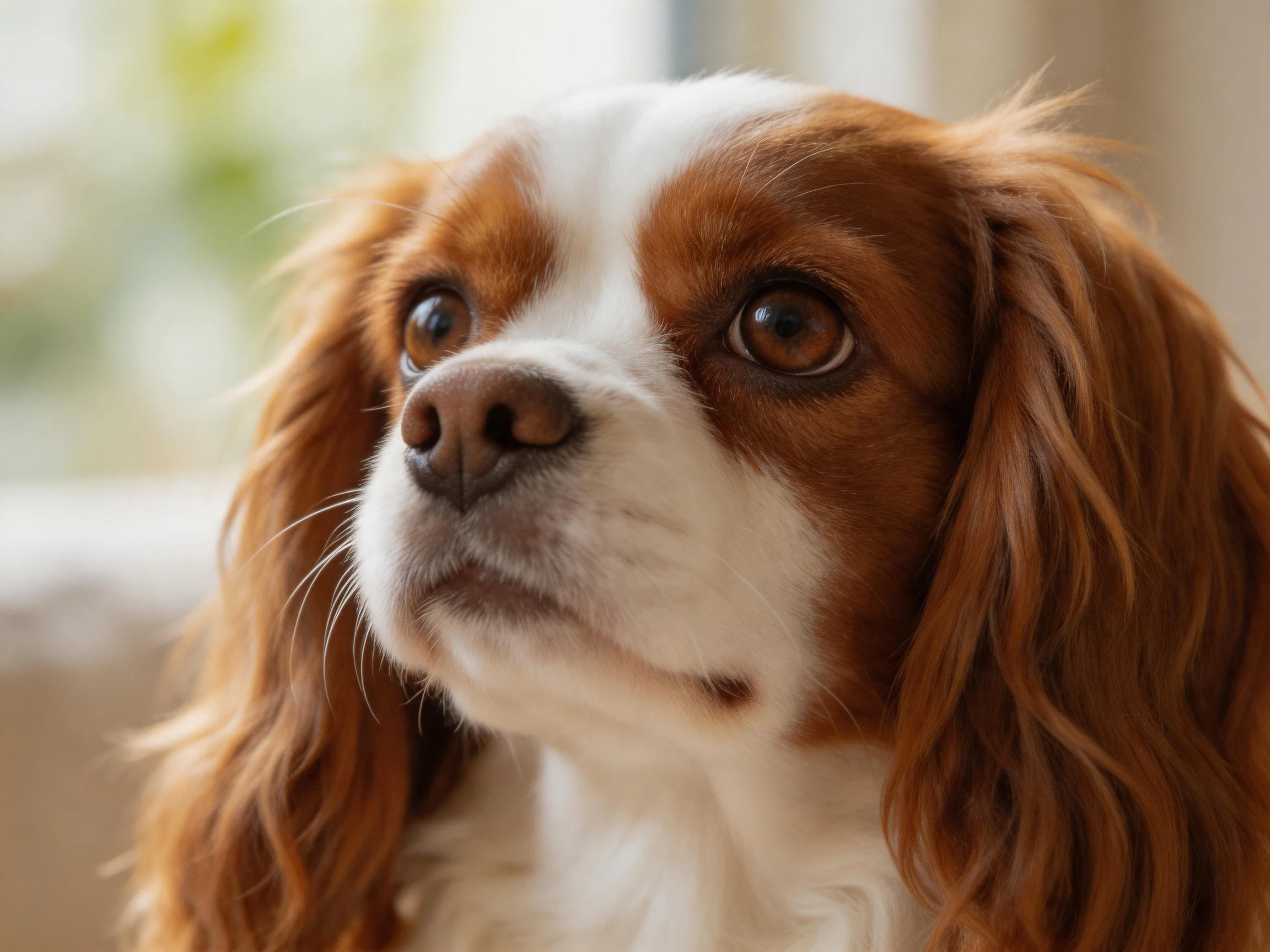 A brown and white spaniel looks upward with a contemplative expression.