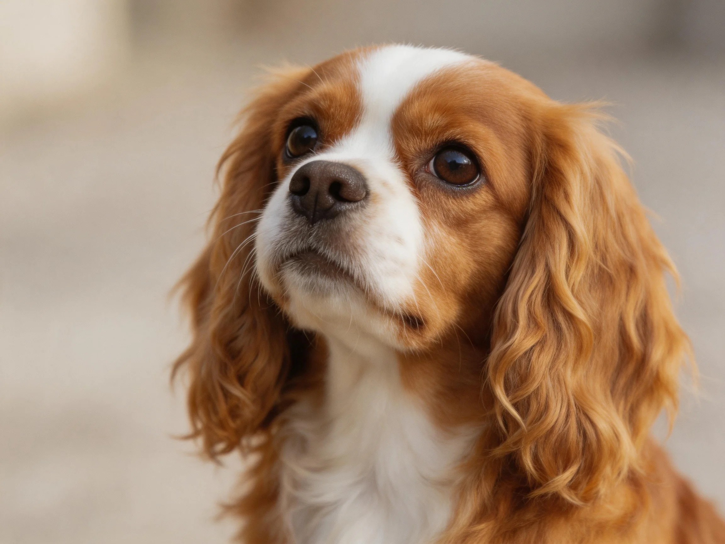 A brown and white spaniel gazes upward with a blurred outdoor backdrop.