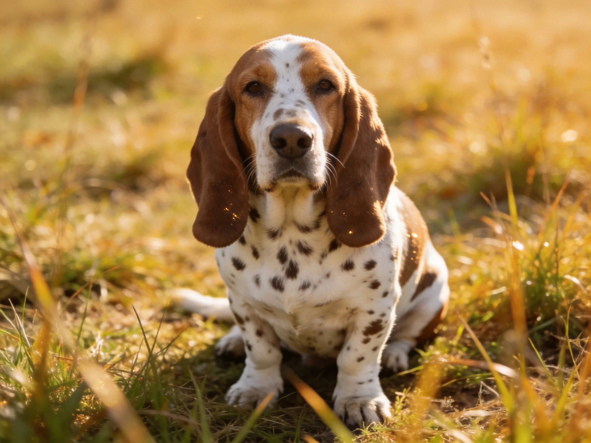 A brown and white spotted basset hound sits calmly in a sunlit grassy area.