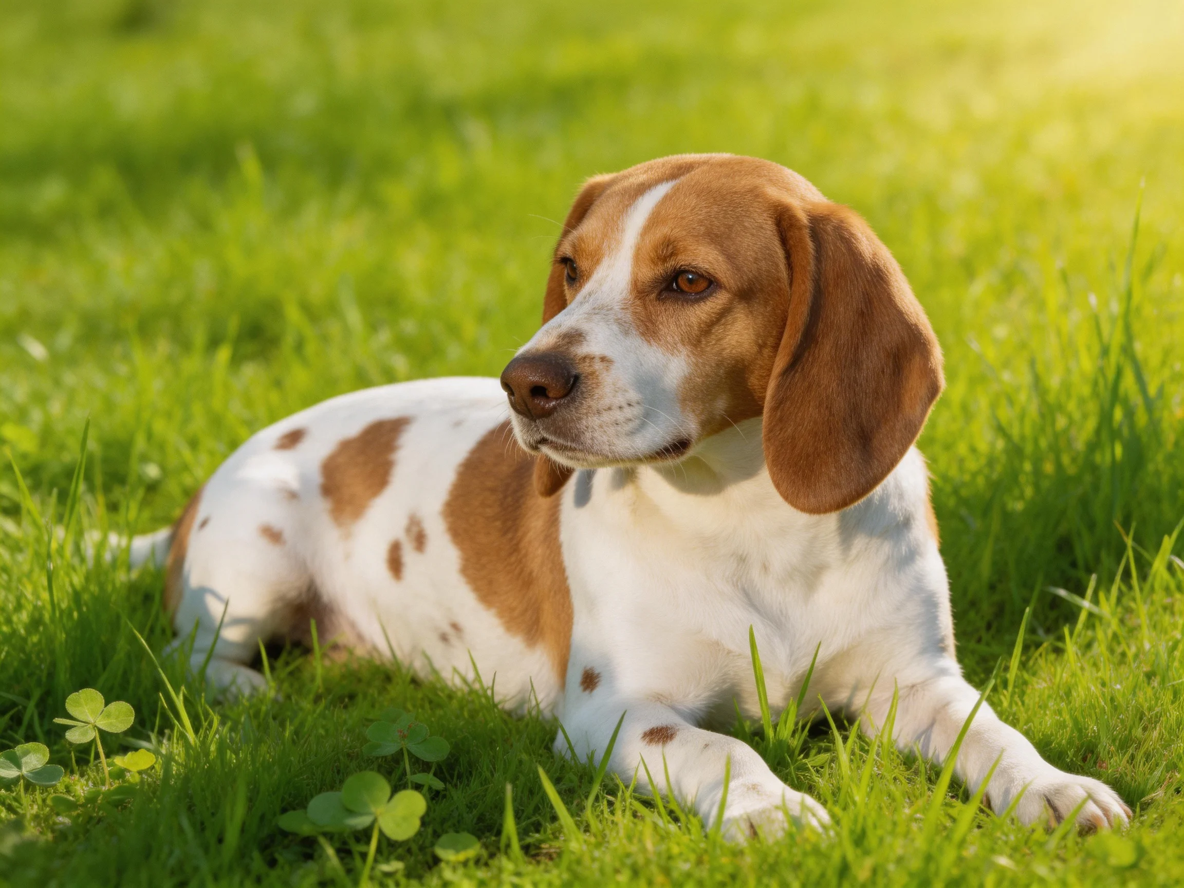 A brown and white spotted dog relaxes on vibrant green grass.