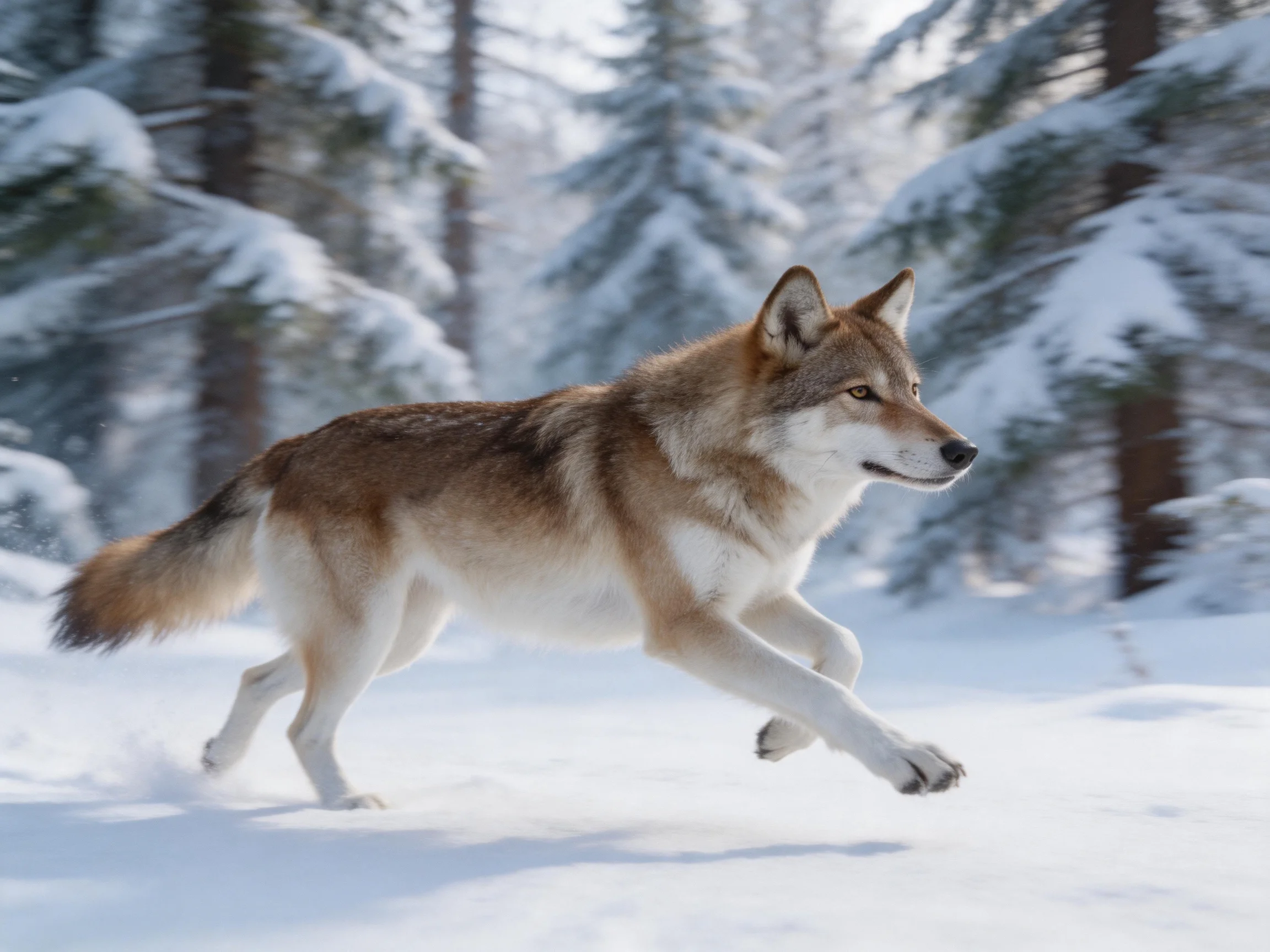 A brown and white wolf running through a snow-covered pine forest