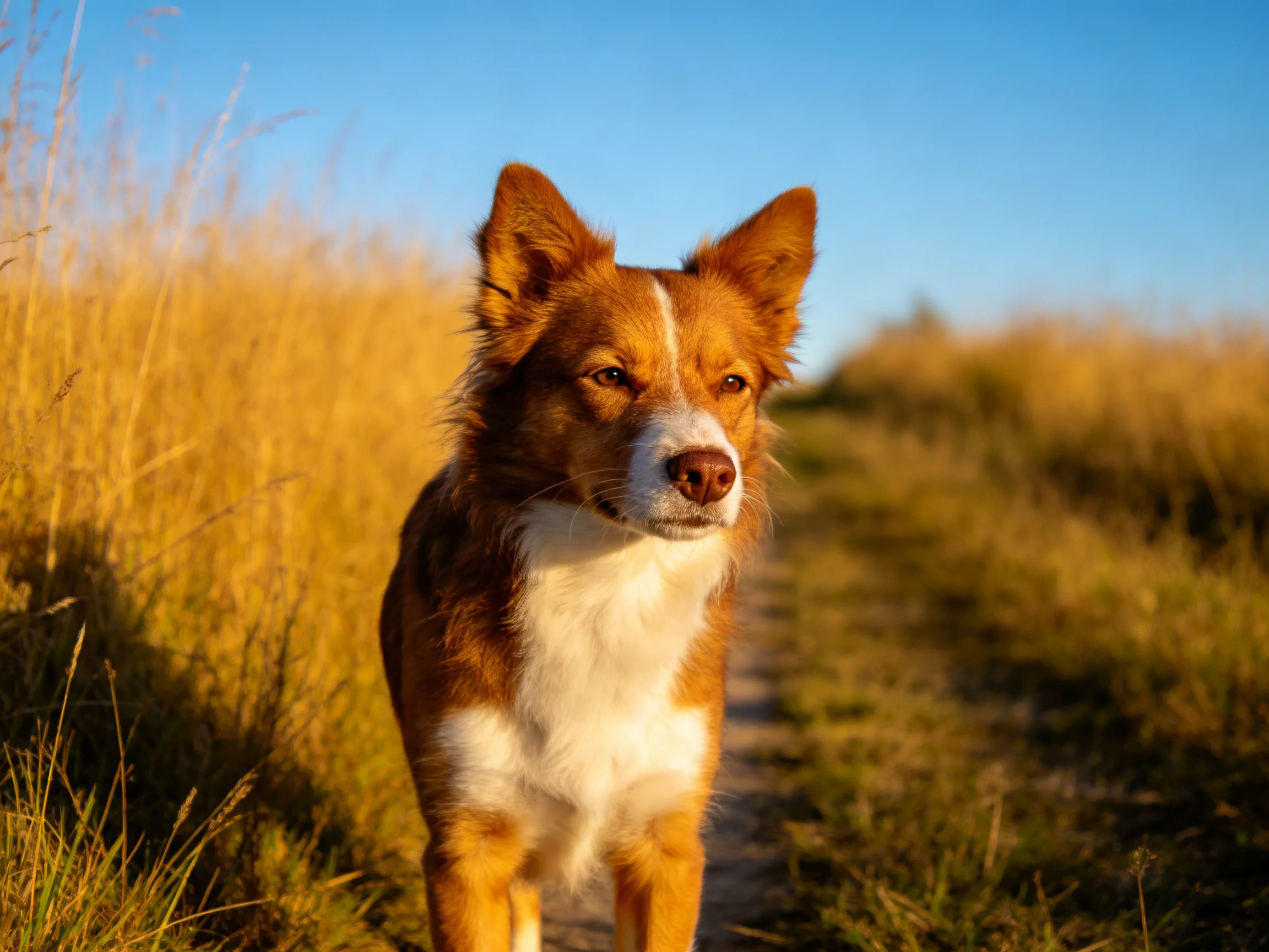 A brown andwhite dog on a sunlit dirt path amid golden grass