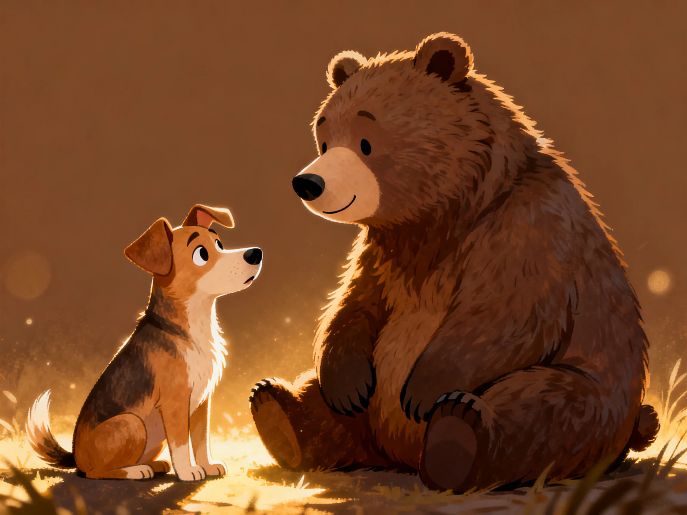 A brown bear and tan dog sit together in warm golden light