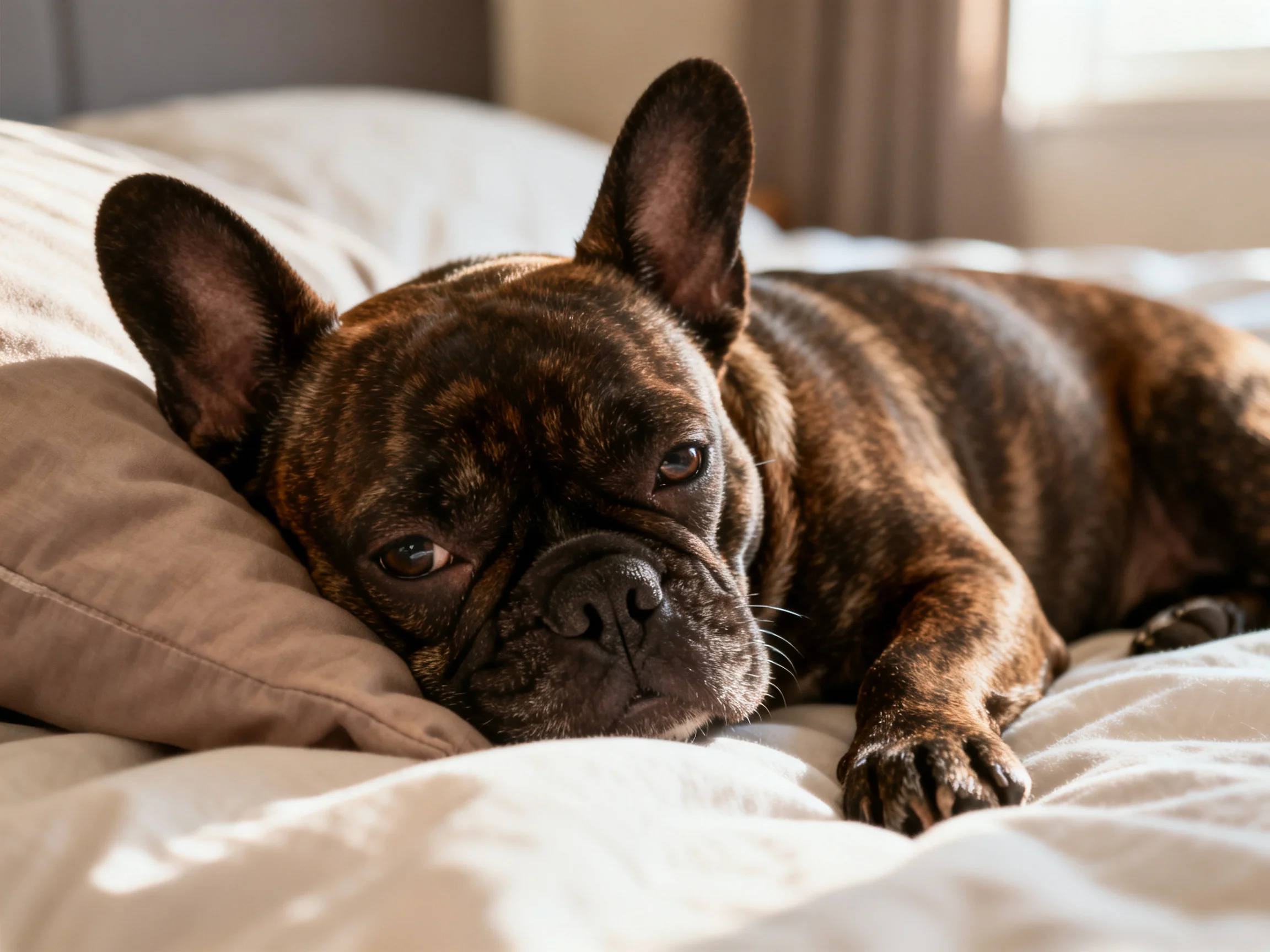 A brown brindle French bulldog rests on a cozy bed with pillows