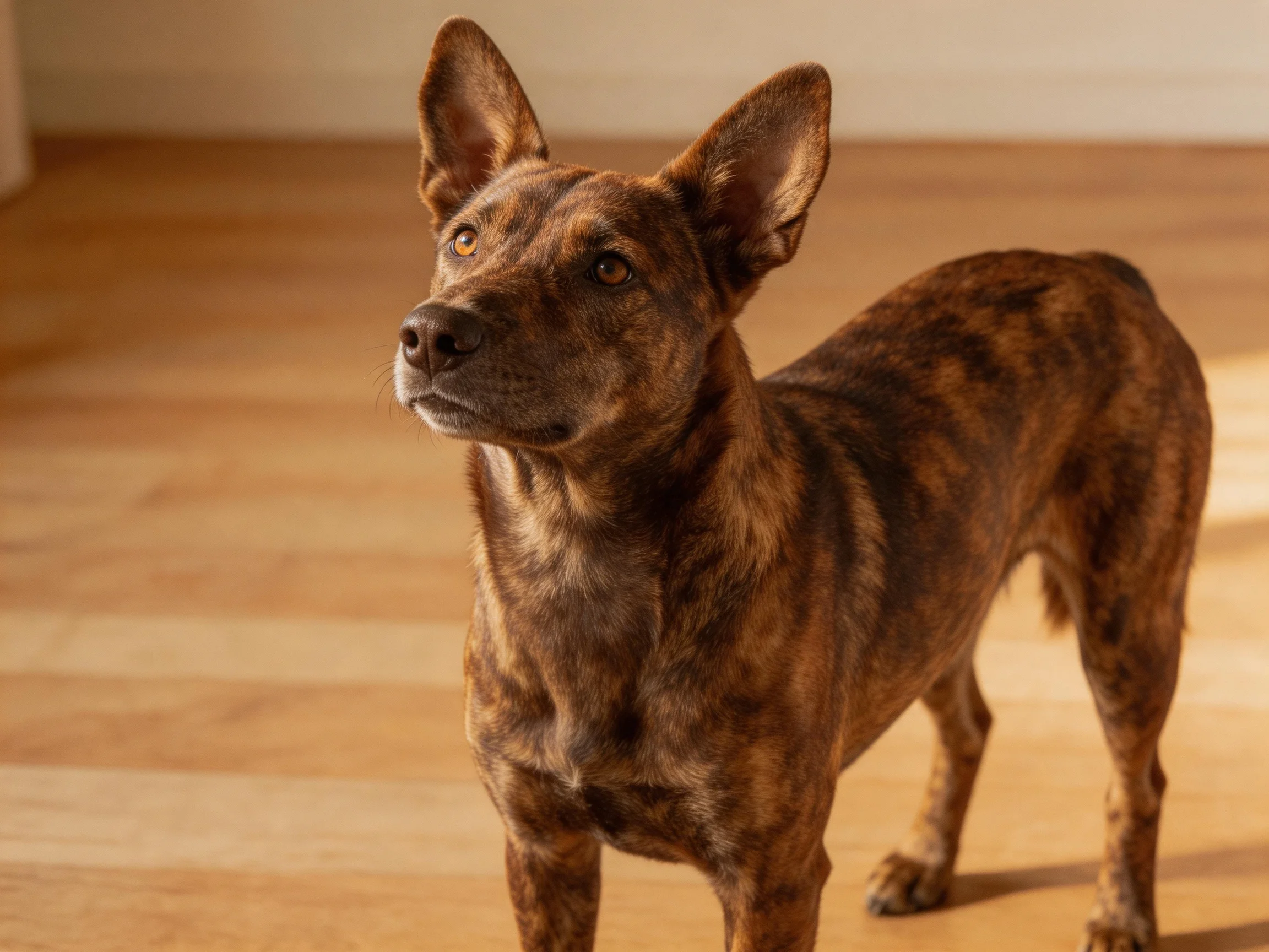 A brown brindle dog stands alert on wooden flooring indoors.