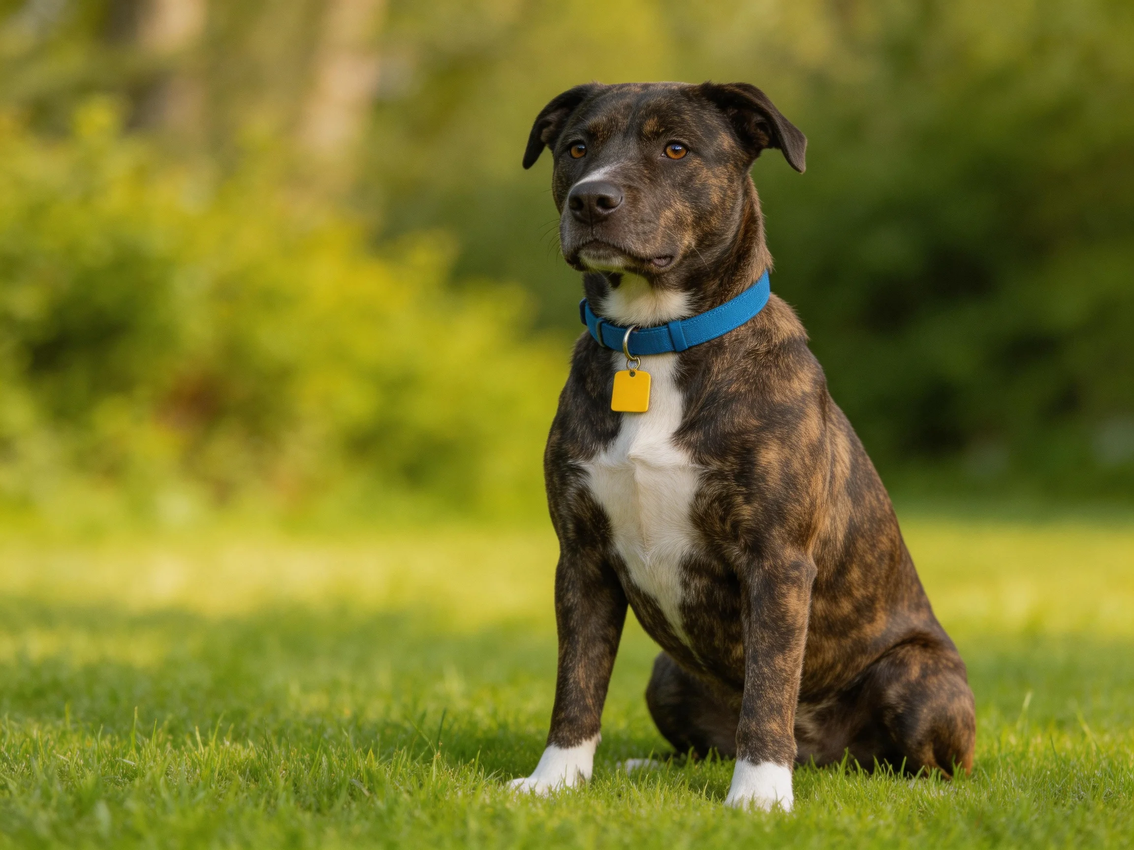 A brown brindle dog sits calmly on green grass wearing a blue collar