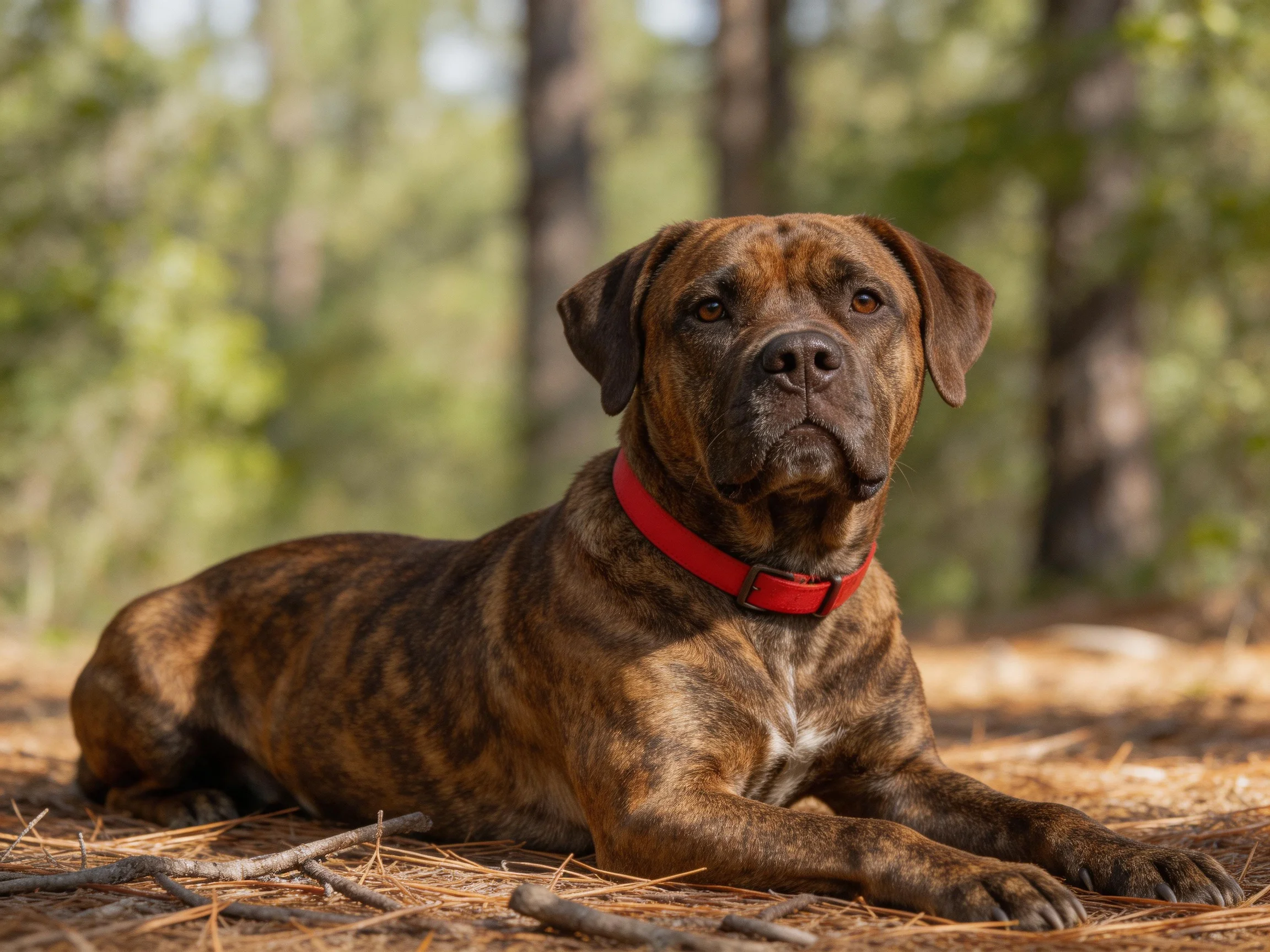A brown brindle dog with a red collar lies on pine needles near tall trees