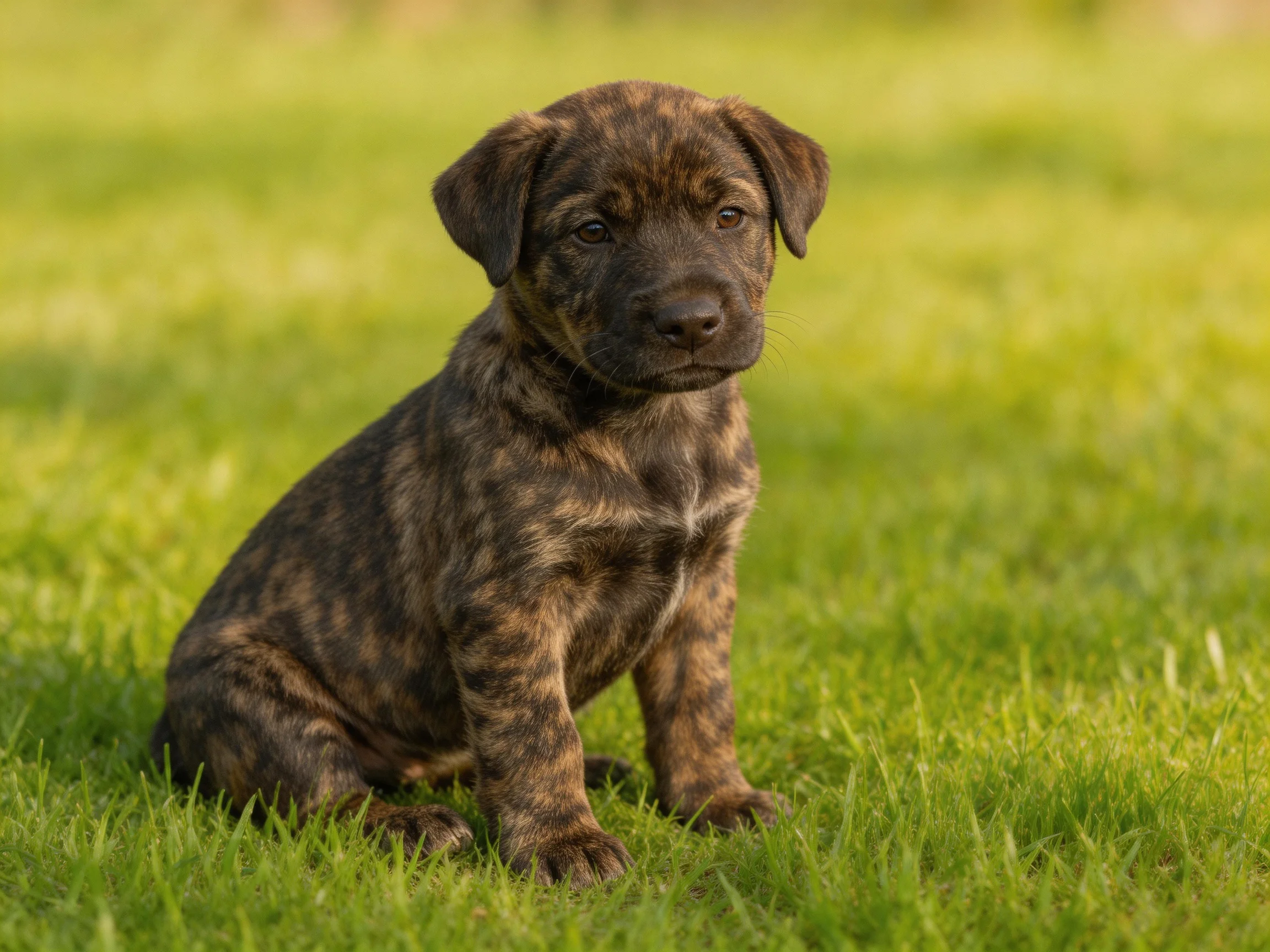 A brown brindle puppy sits on lush green grass