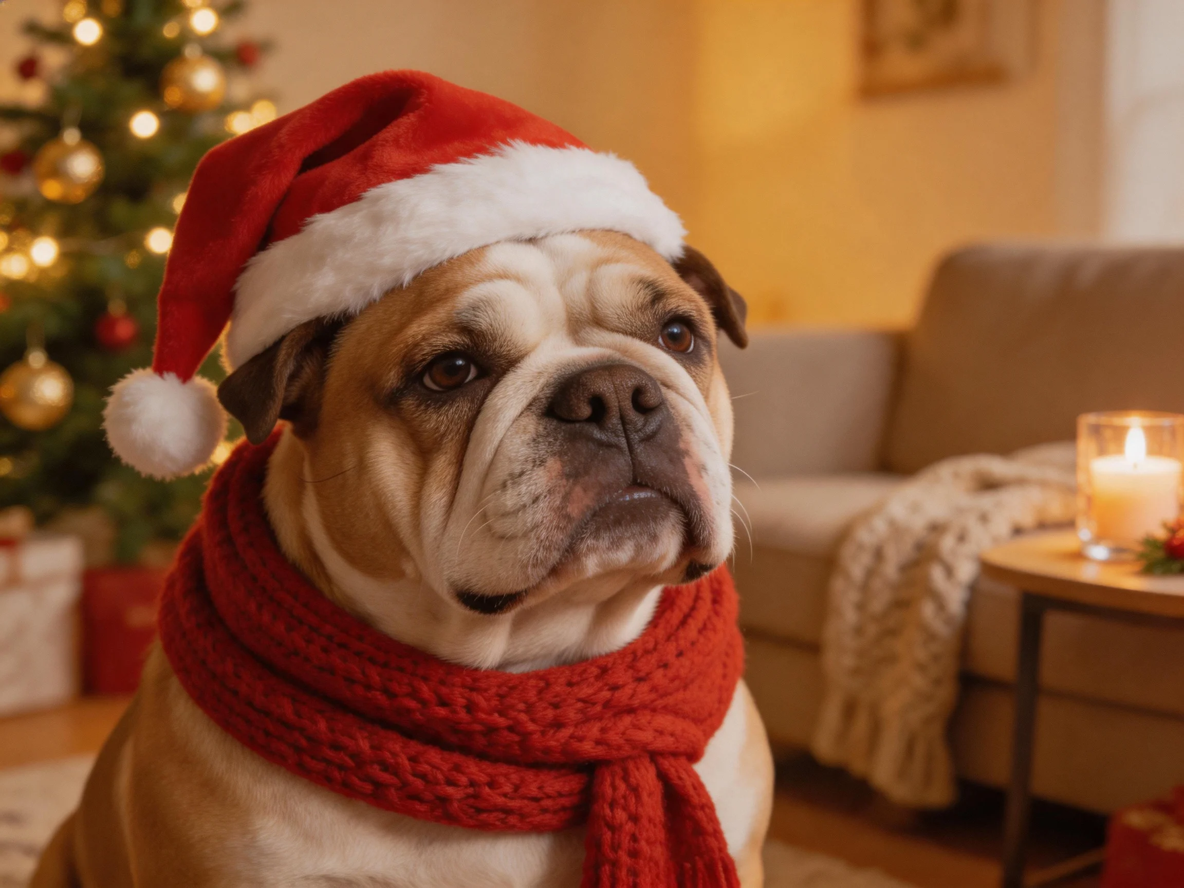 A bulldog in festive clothing sits by a decorated Christmas tree.