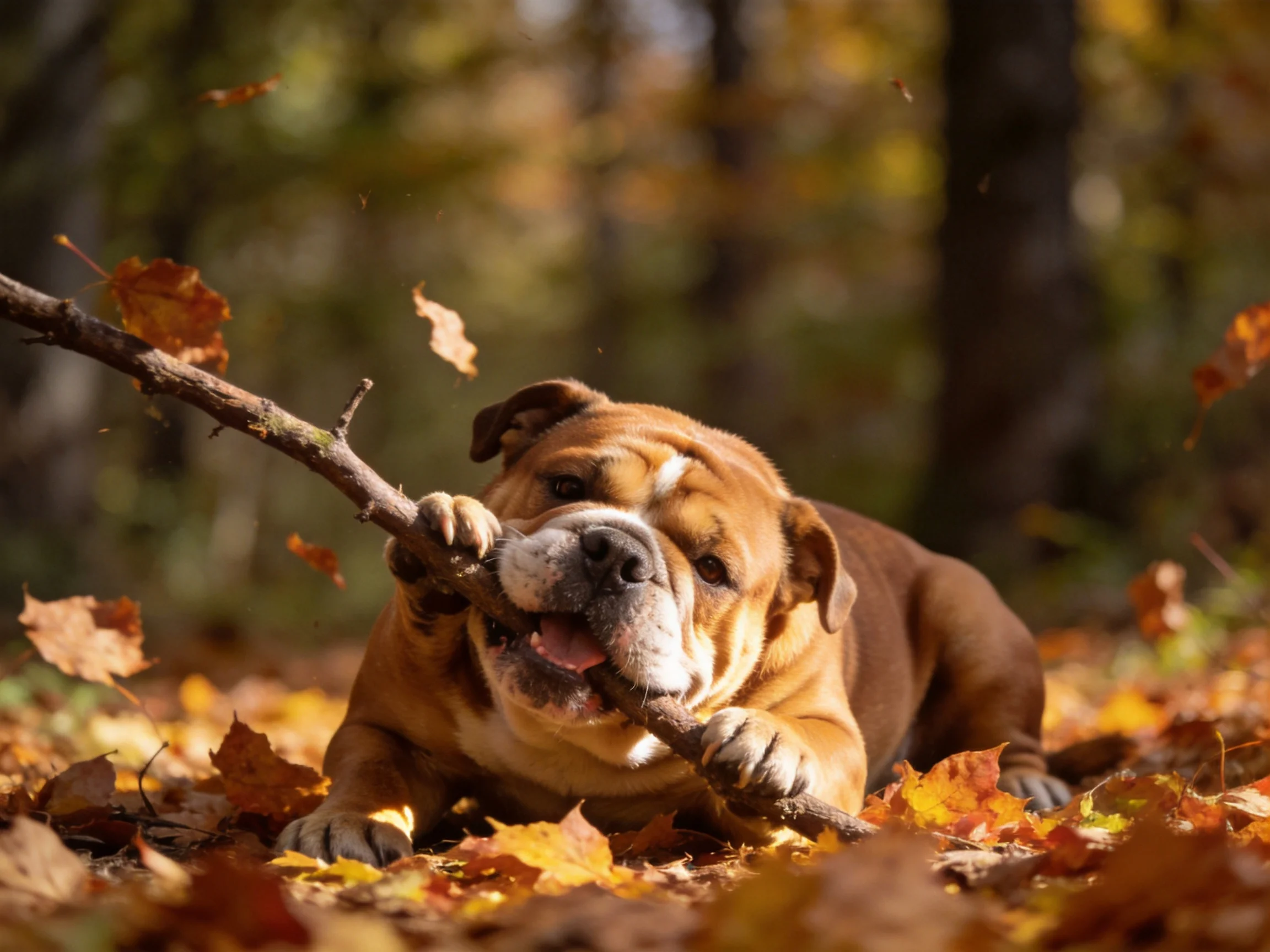 A brown bulldog plays with a branch amid golden fallen leaves in an autumn forest