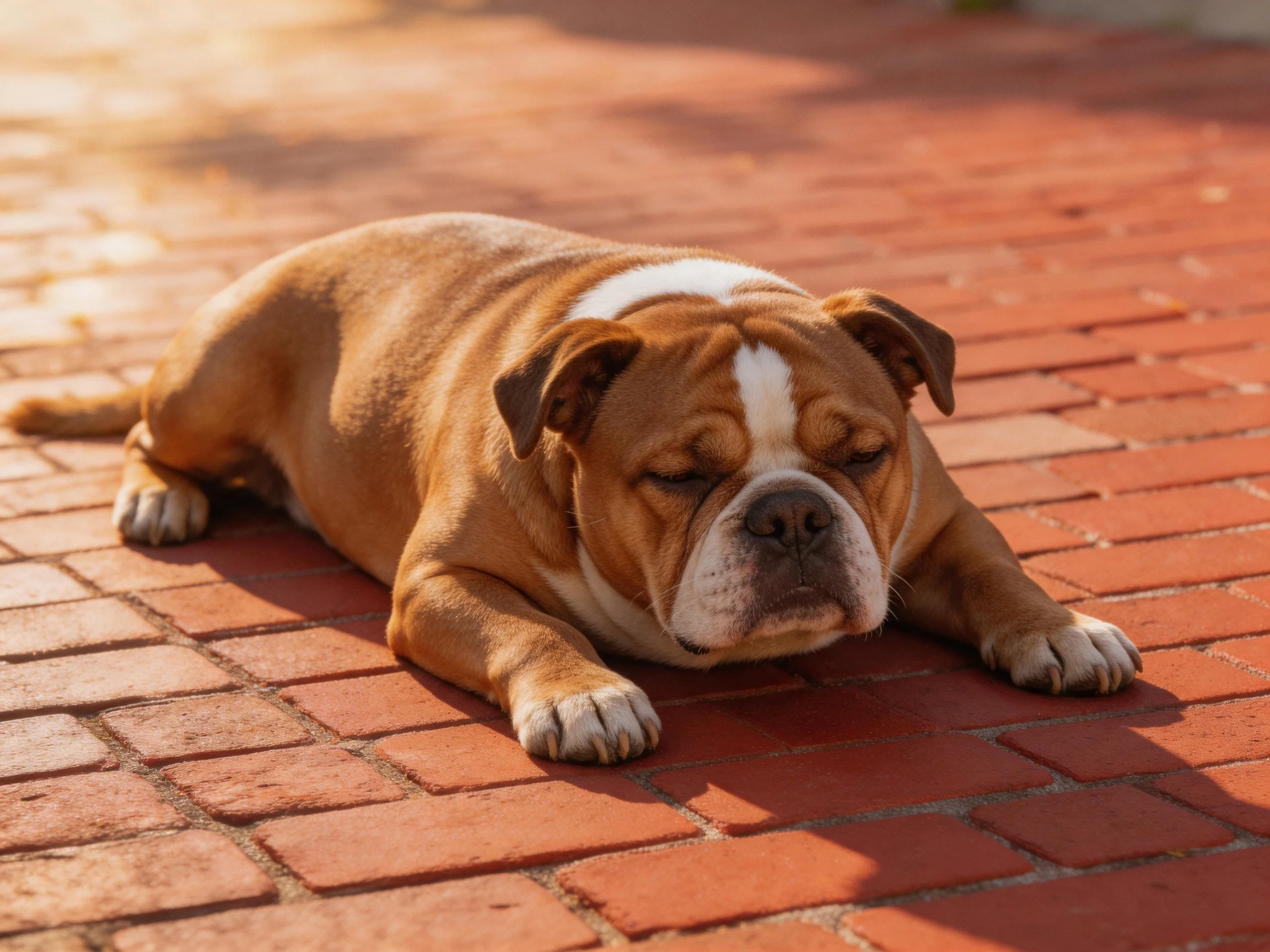A single bulldog relaxes on a brick pathway under sunlight sunlight.