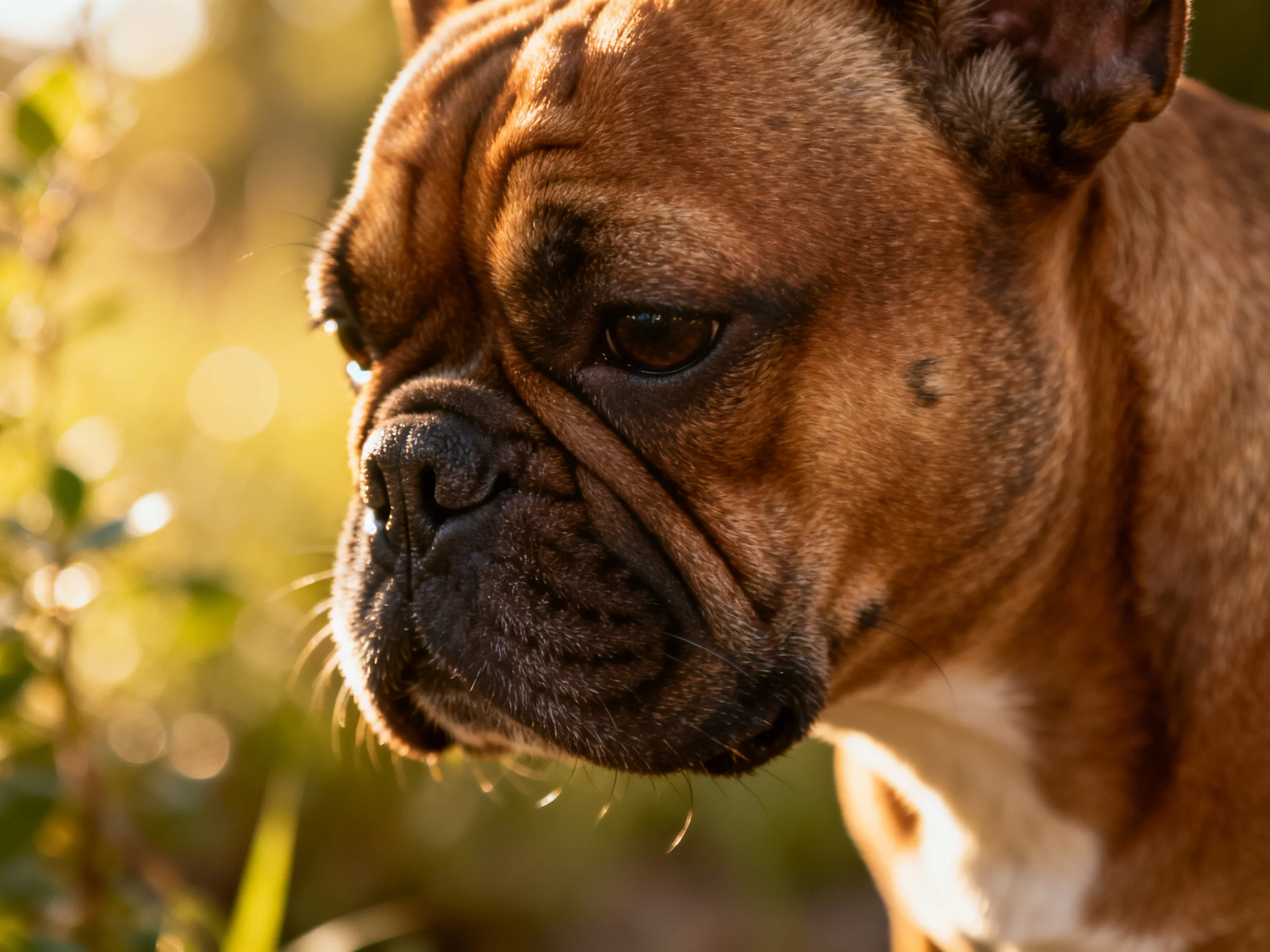 A brown bulldog with dark facial markings in soft natural light