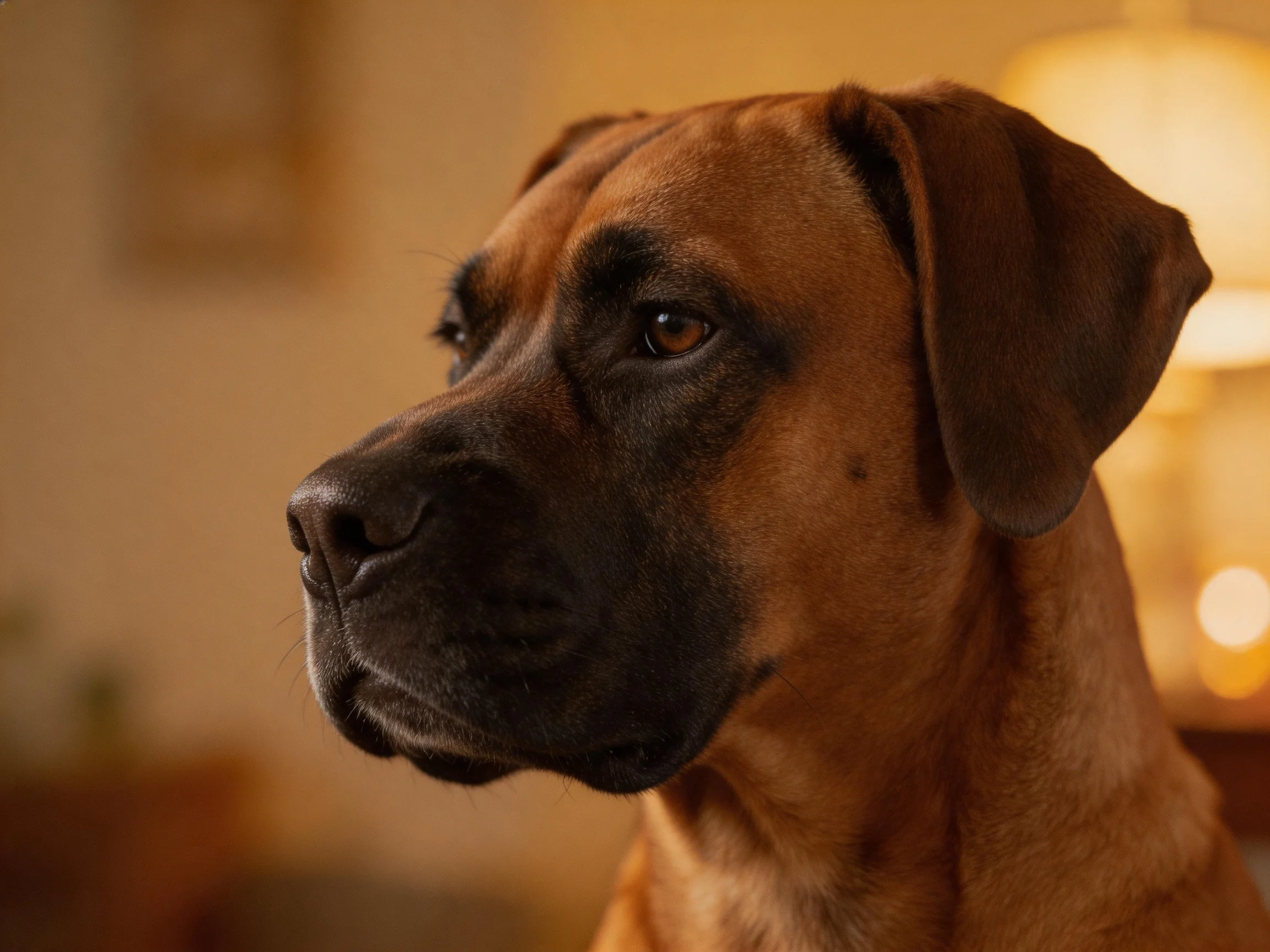 A brown-coated dog with dark facial markings in a warmly lit interior