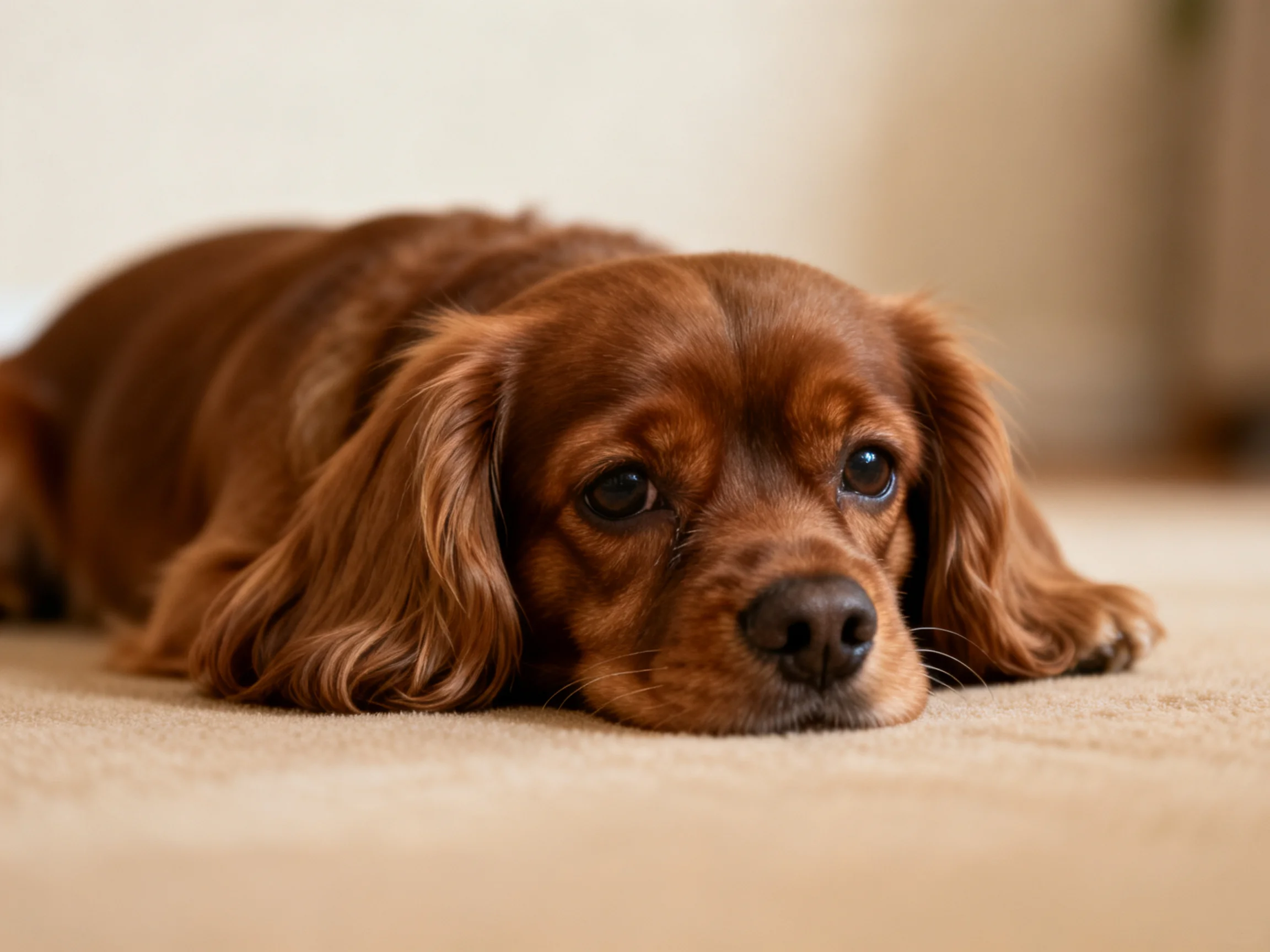 A brown-coated dog with droopy ears rests on a soft beige carpet