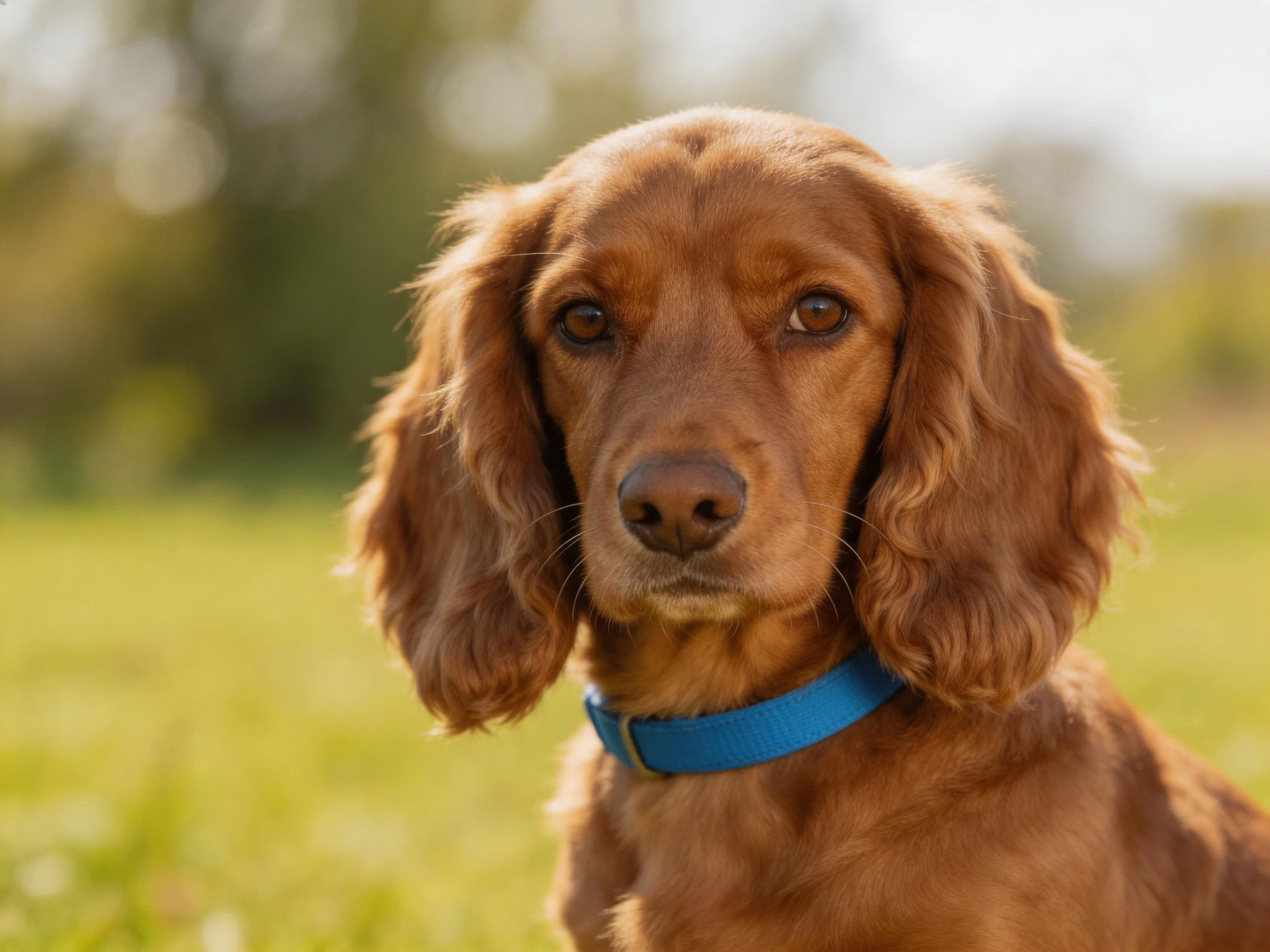 A brown-coated dog with long ears wears a bright blue collar in a sunny field