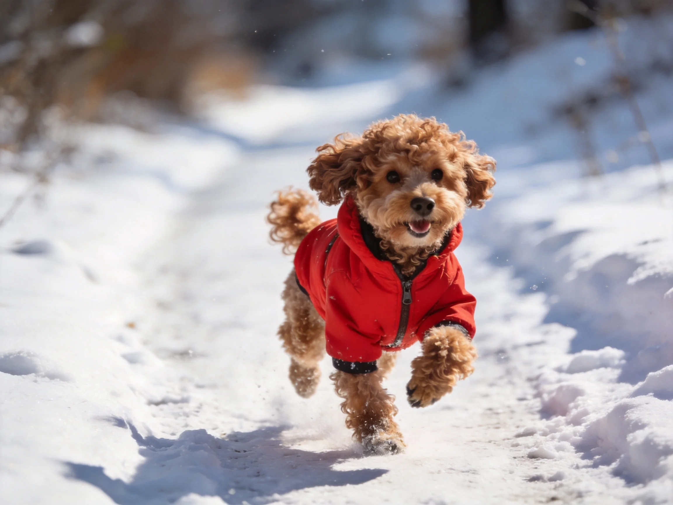 A brown curly - haired dog in a bright red coat runs through snowy terrain