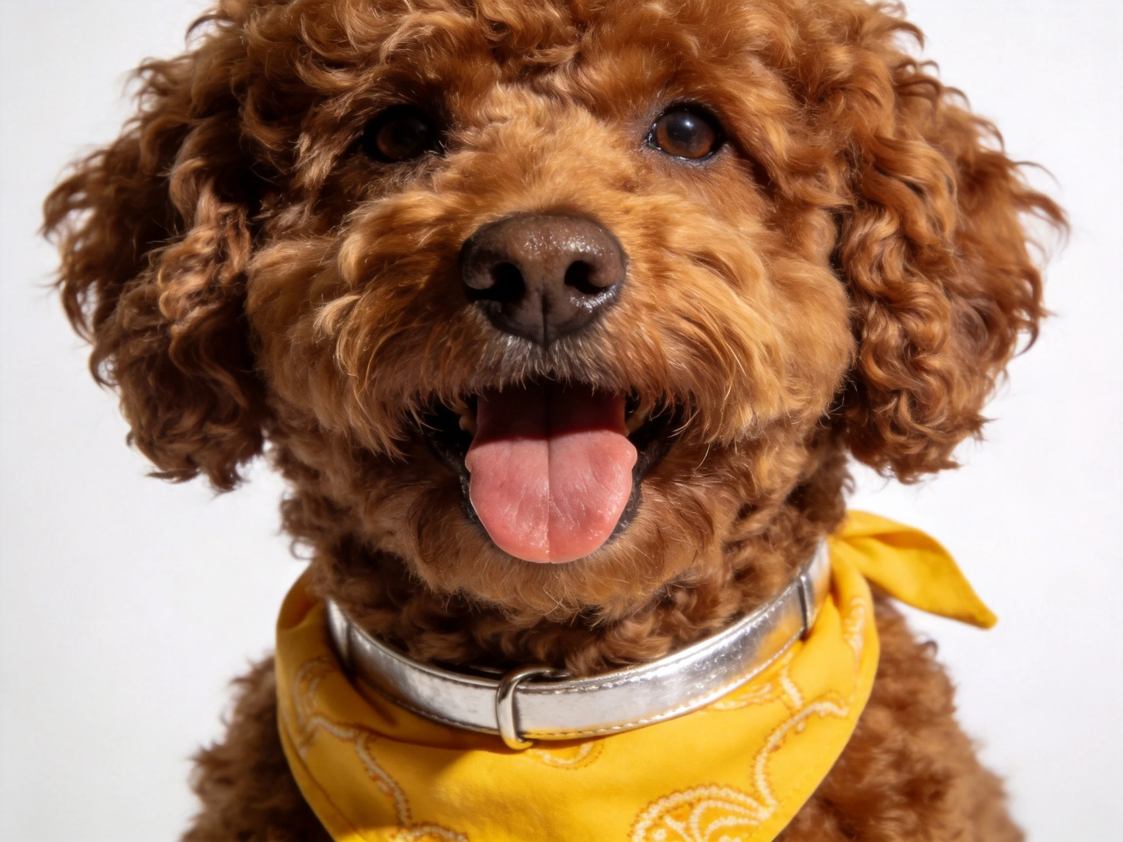 A brown curly-haired dog wearing a yellow patterned bandana
