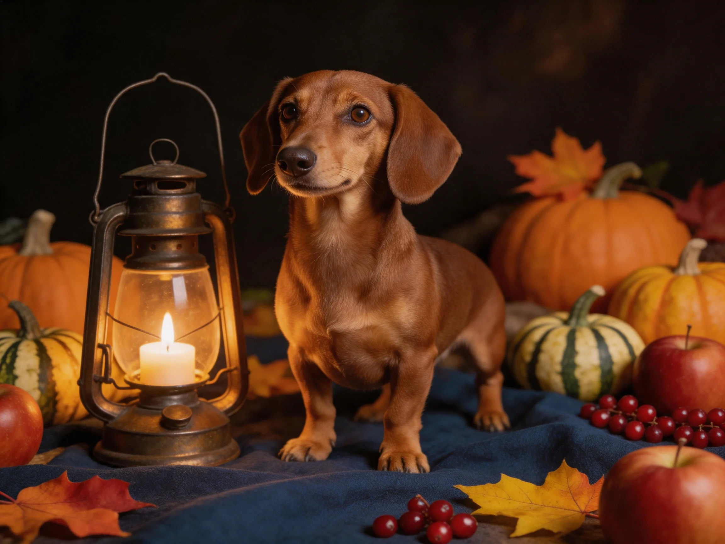 A brown dachshund beside a lit lantern amid autumn-themed decor