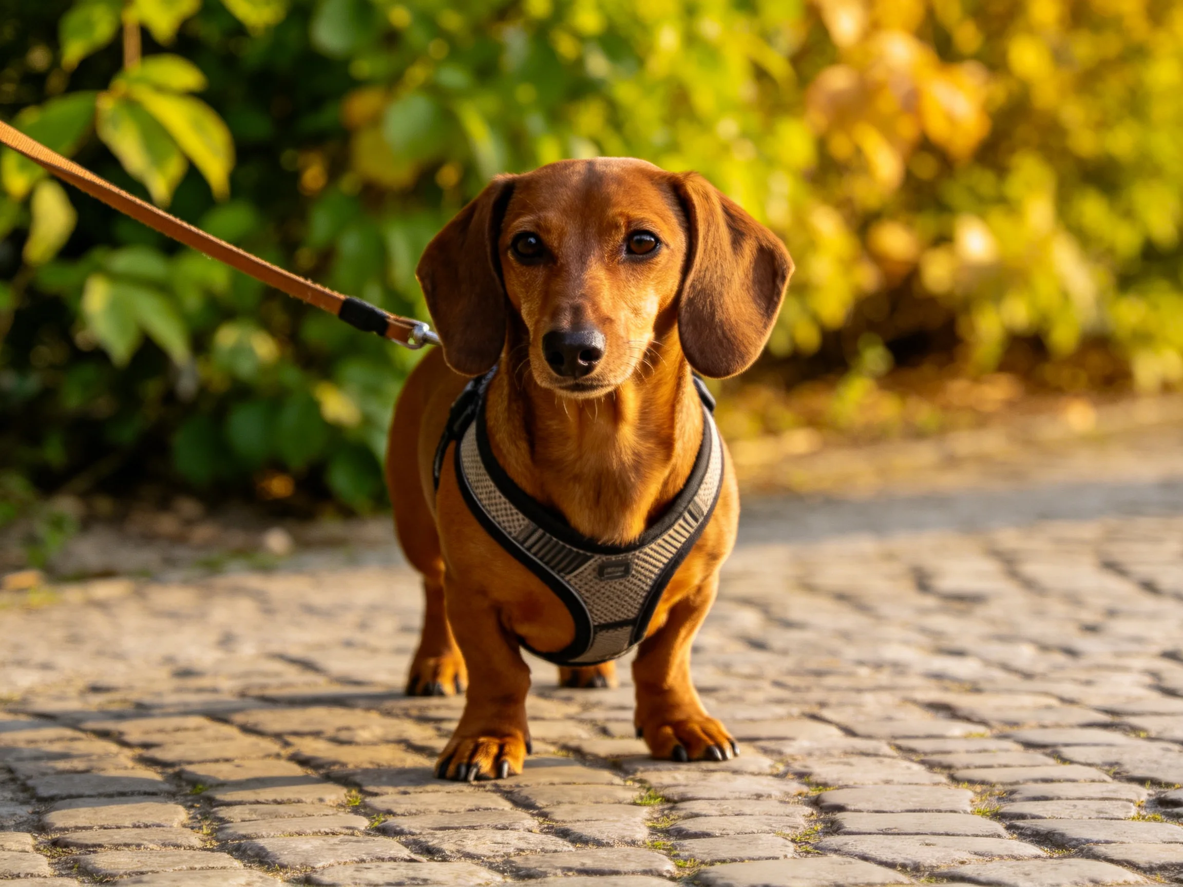 A brown dachshund in a harness on a cobblestone path
