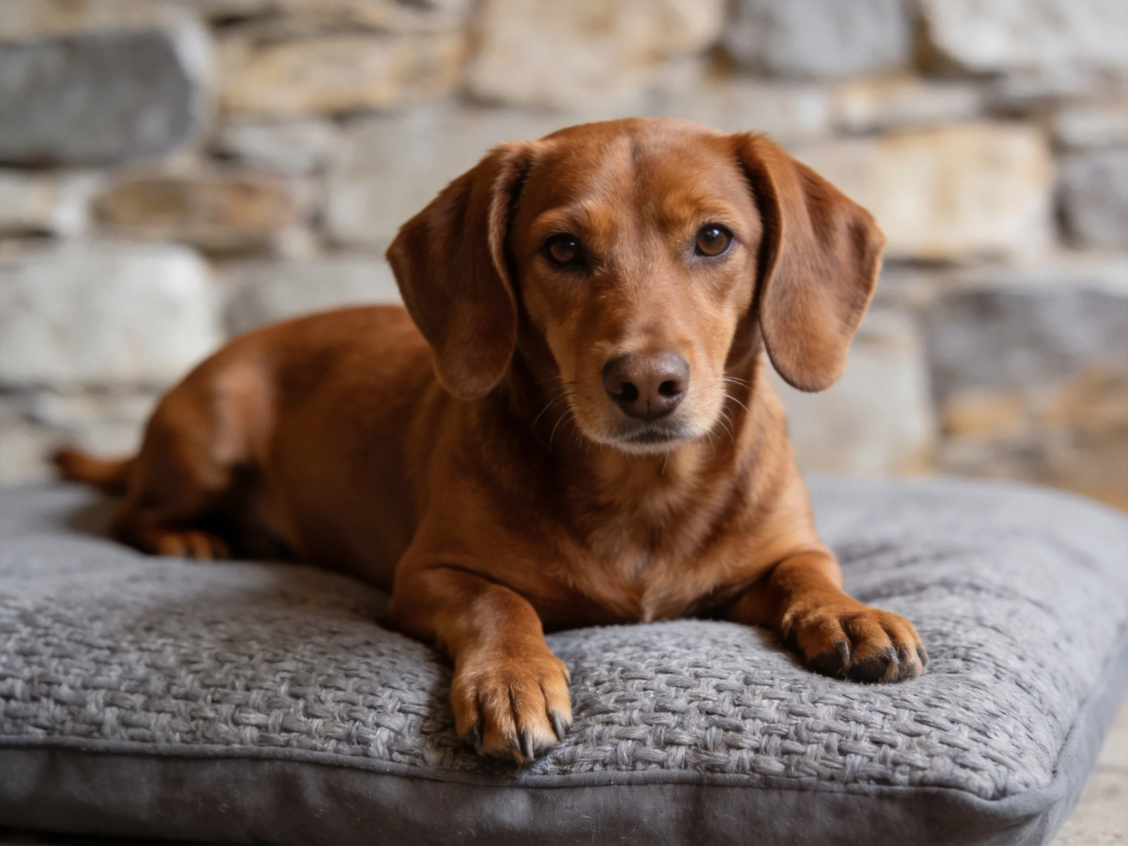 A brown dachshund lies on a textured gray cushion beside a stone wall