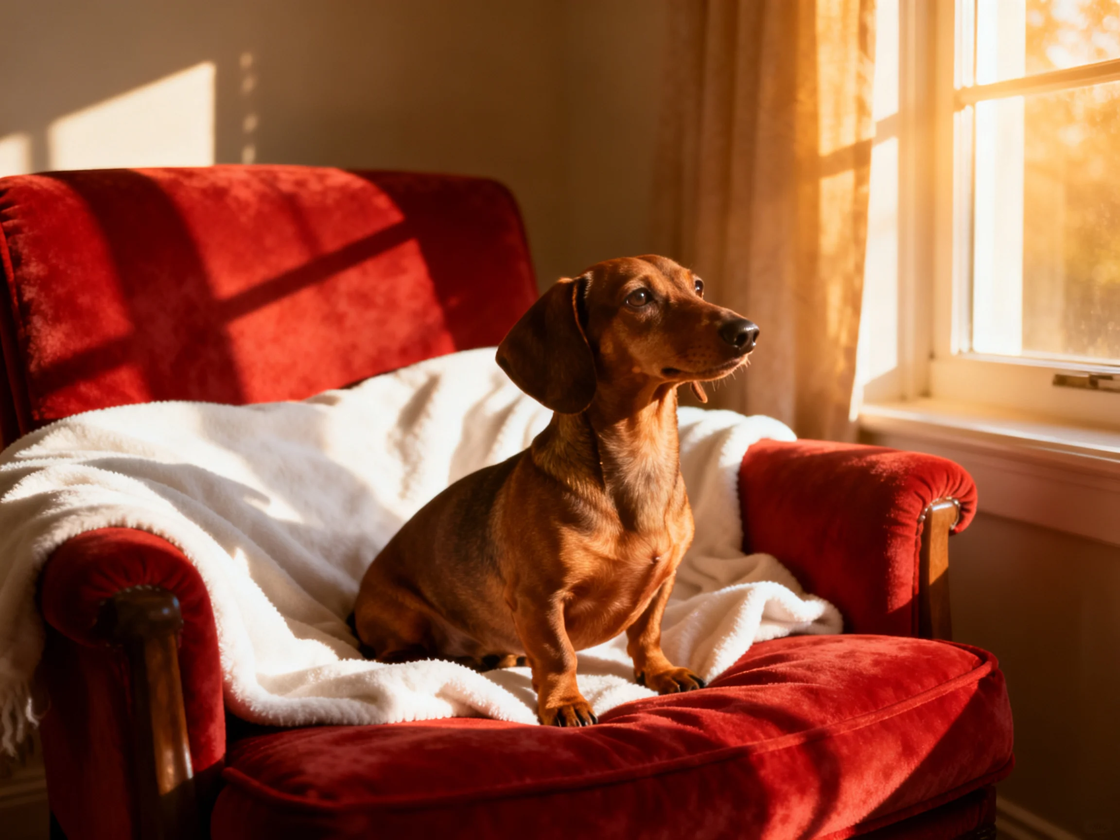 A brown dachshund on a red armchair with white blanket by sunlit window