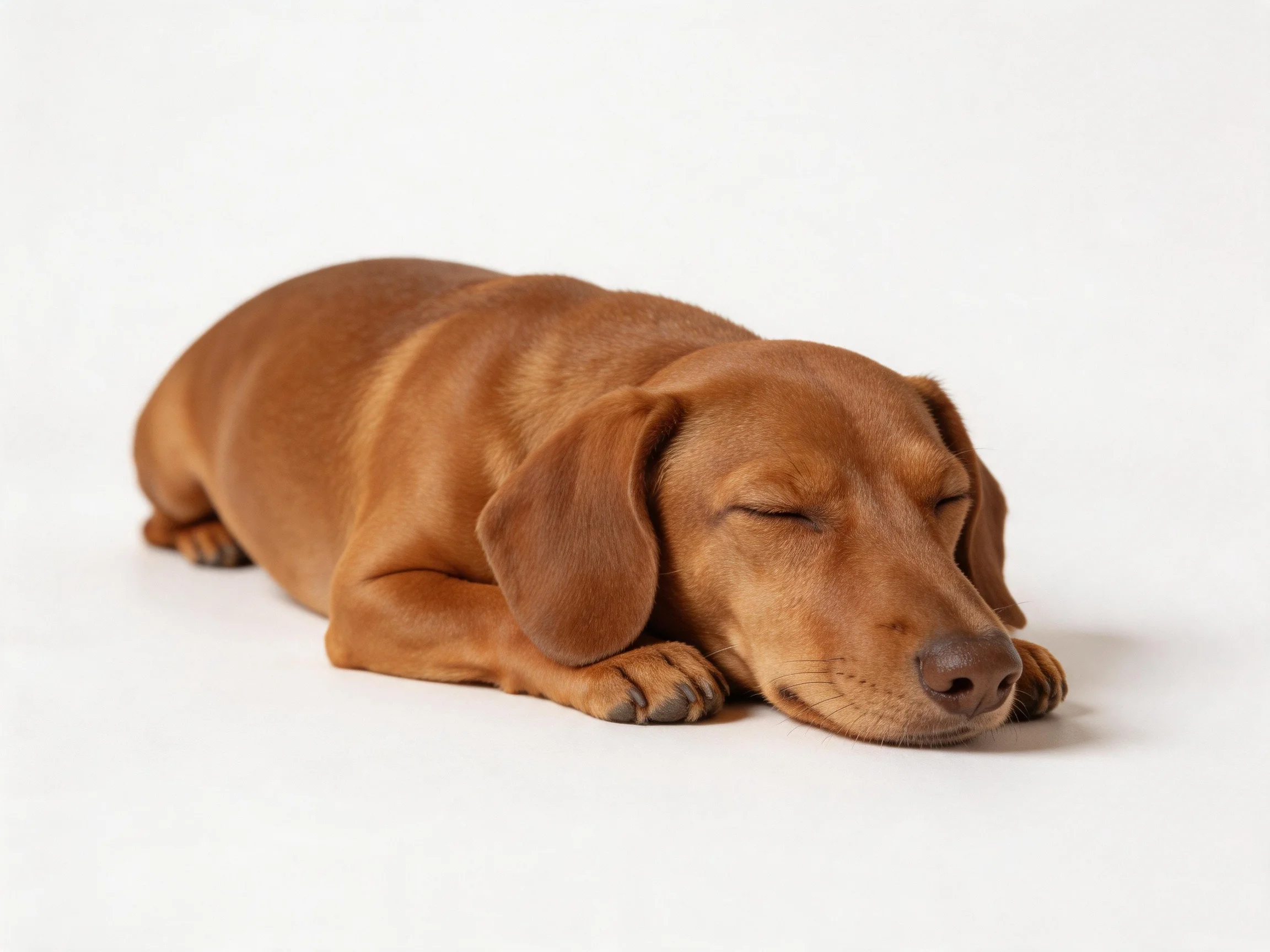 A brown dachshund peacefully resting with closed eyes
